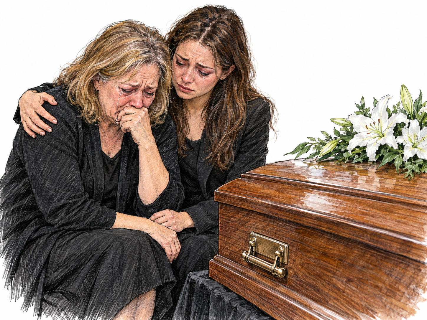 A mother and her adult daughter grieve beside a flower-covered coffin, making death and the profound sadness it causes visible without text.