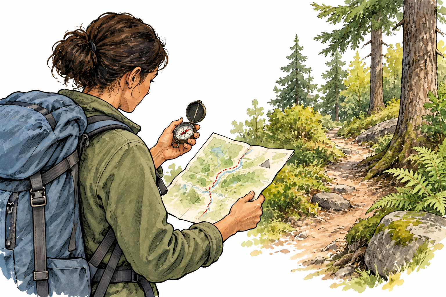 A hiker uses a compass and simple wordless map to follow a route through woodland.