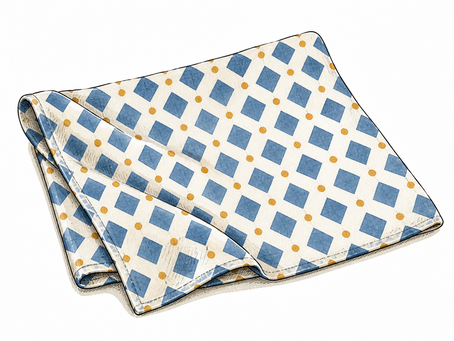 A cloth displays an orderly repeating pattern of blue diamonds and small ochre dots.