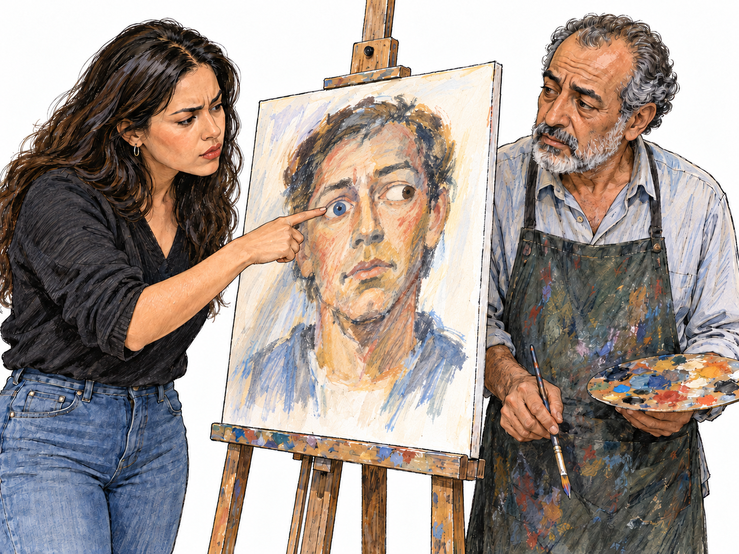 An art critic closely examines a portrait painting, pointing out its visibly misaligned eyes with a skeptical expression while the artist listens beside the easel.