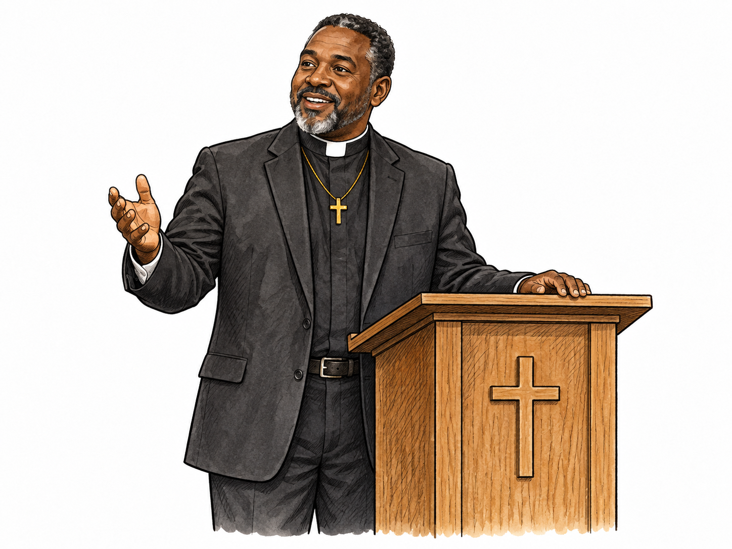 Adult non-Jewish Christian minister wearing a small cross pendant stands beside own plain church pulpit; example of a gentile person, no stereotypes or comparison hierarchy.