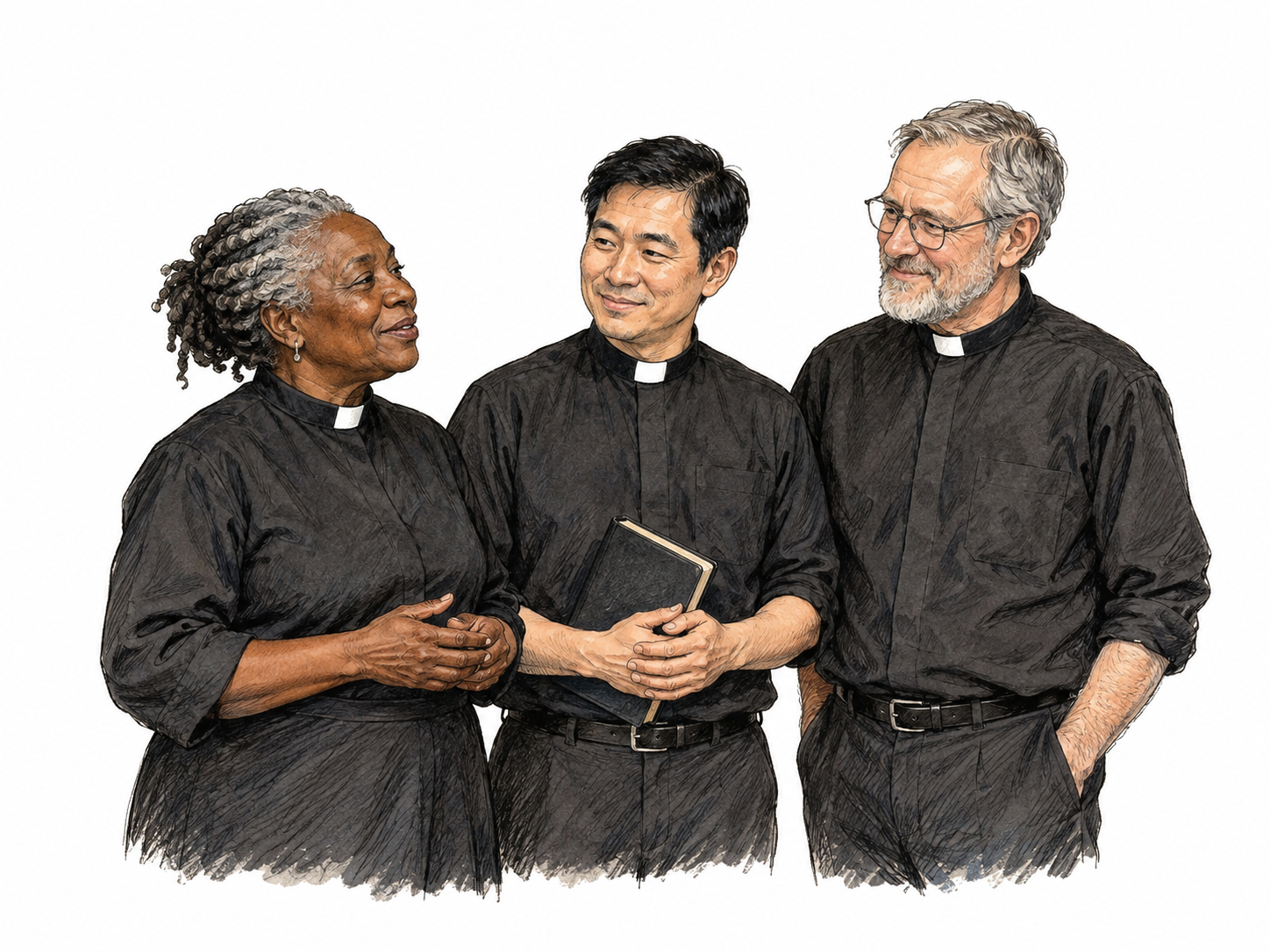 A group of three ordained Anglican clergy stands together in plain black clerical shirts with white tab collars, one holding a plain closed service book.