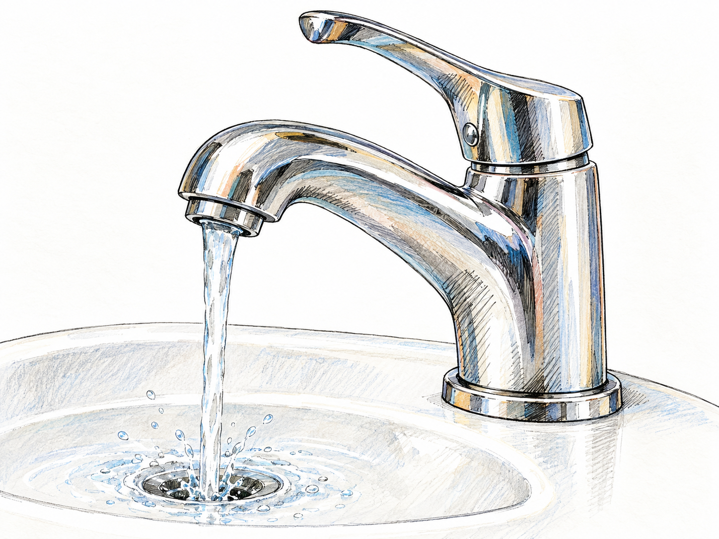A clearly recognizable sink faucet with a control lever and a narrow stream of water flowing from its spout into the basin.