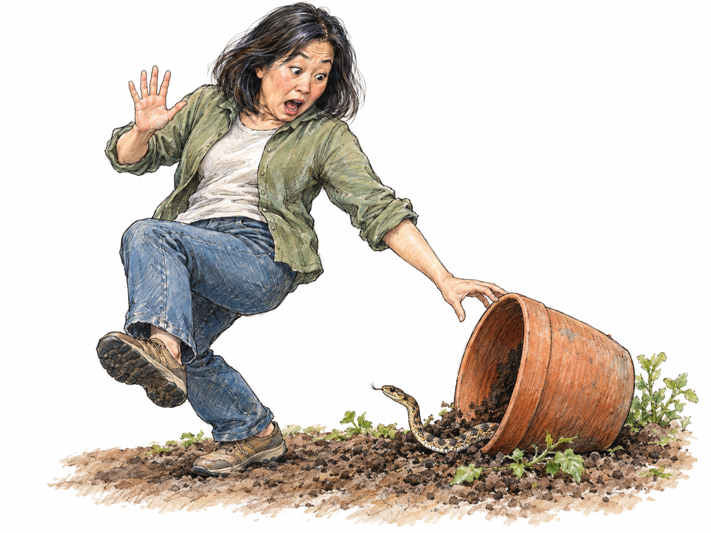 A woman recoils in sudden fright as a snake emerges from beneath a garden pot she has just tilted.
