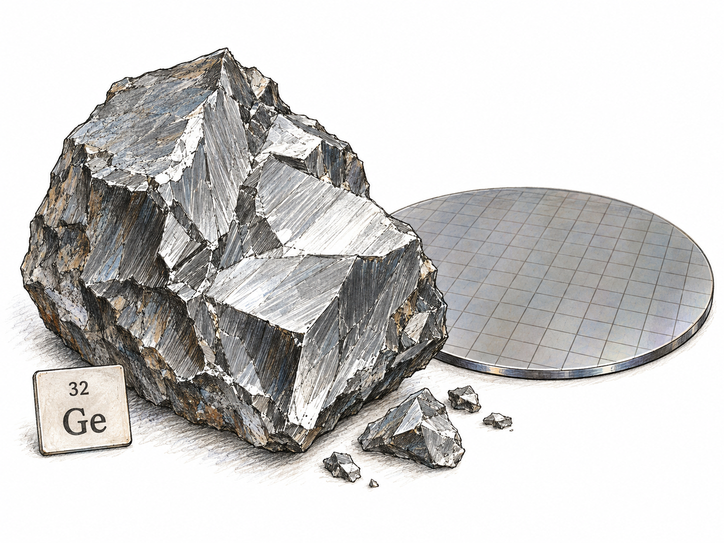 A brittle, silver-gray germanium specimen with sharp fractured faces and small broken chips, paired with a semiconductor wafer.