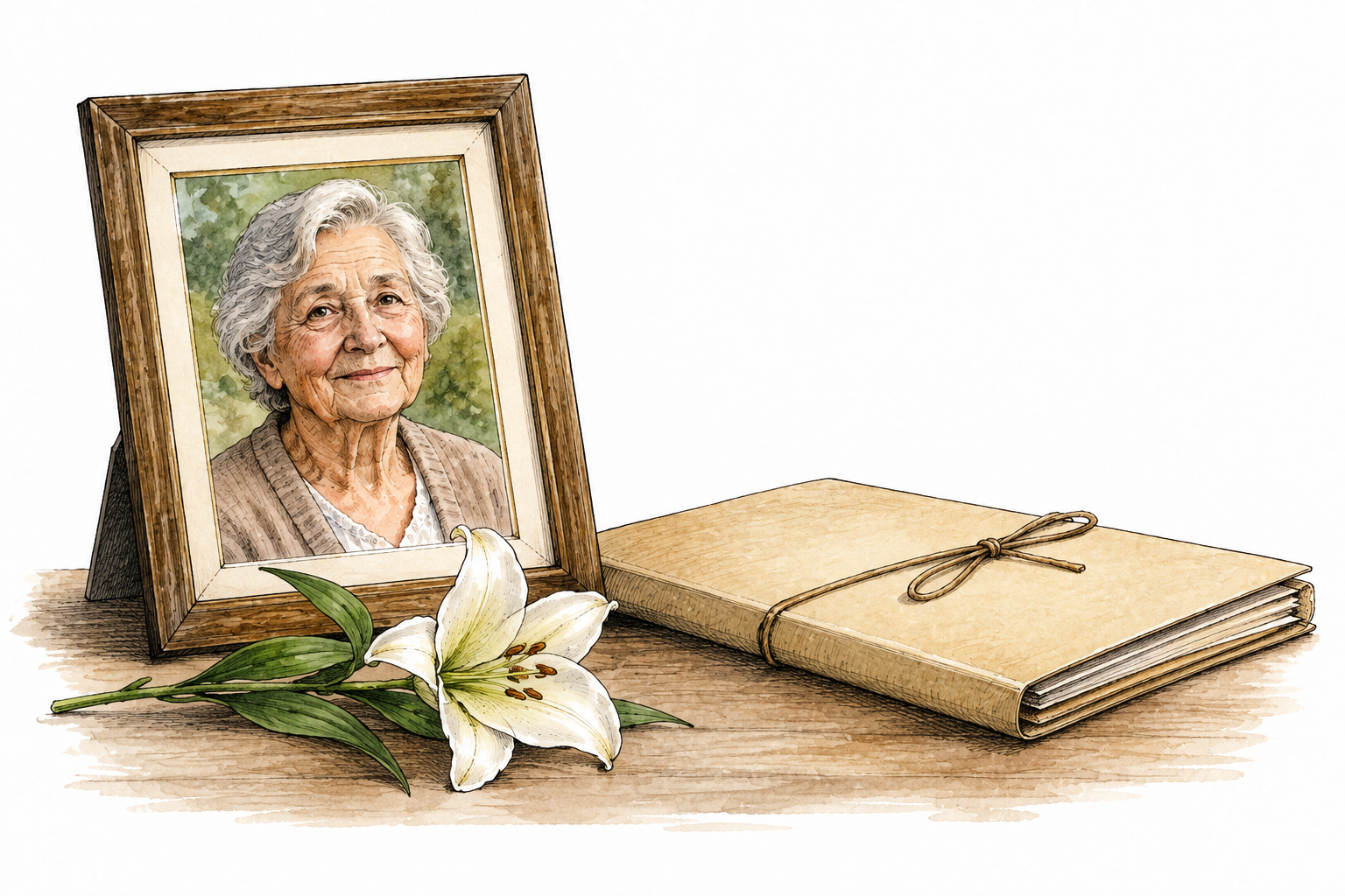 A memorial portrait of a deceased elderly person beside a closed official file and a single white flower, calm respectful legal-estate context.