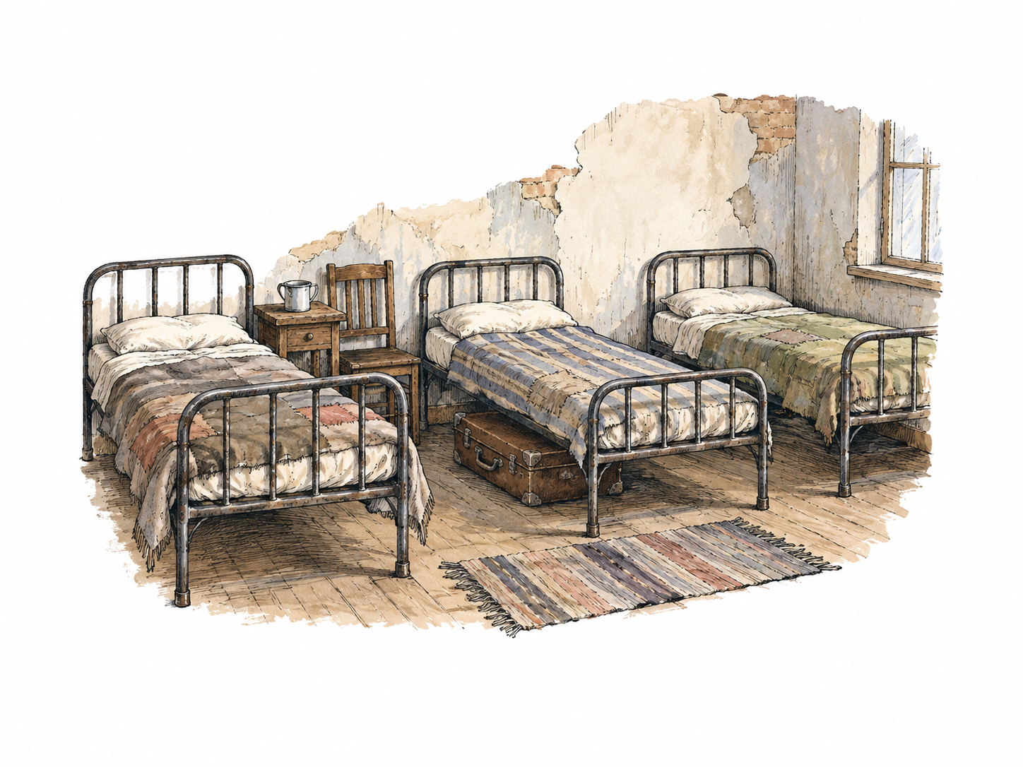 A sparse worn lodging room contains three narrow iron cots with thin patched bedding, a chipped plaster wall fragment and one battered suitcase under a cot.