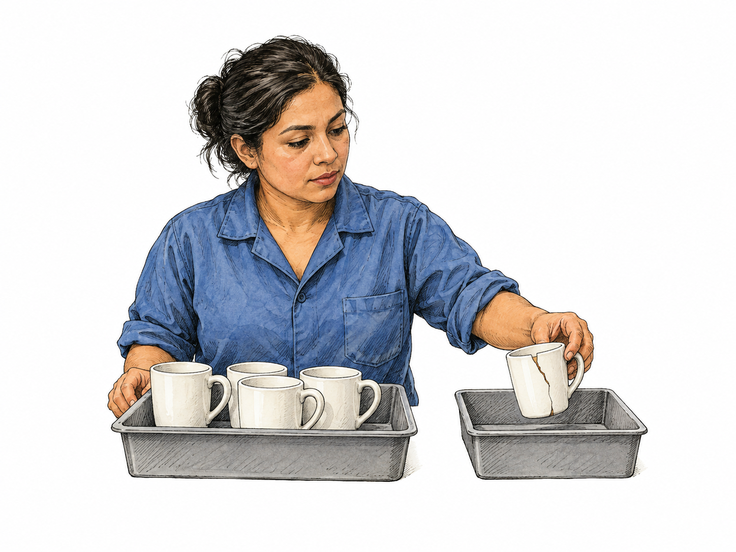 A modern warehouse worker separates one visibly cracked plain ceramic cup from a group of four intact cups, placing it in a separate small tray.
