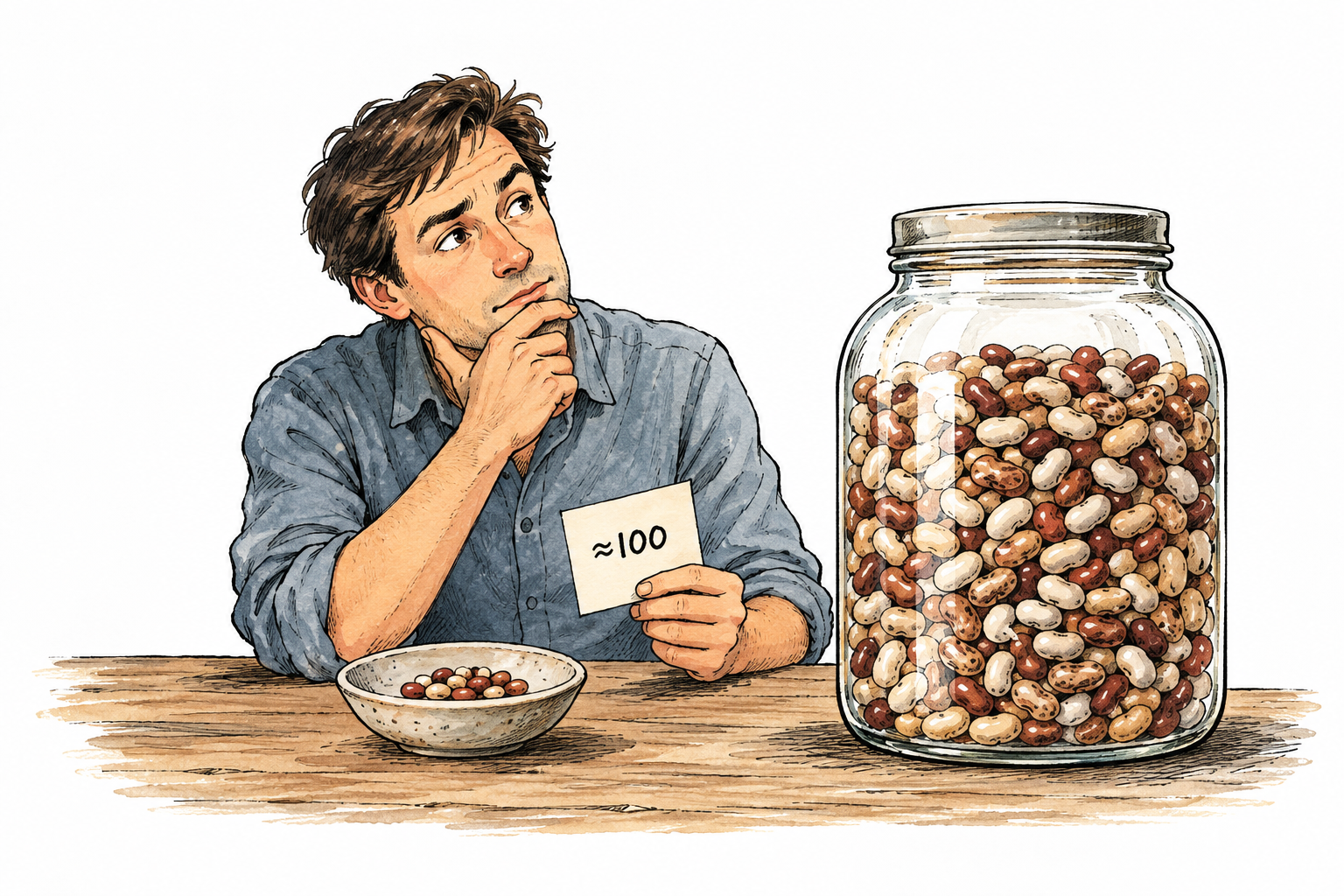 Person judges approximate jar contents by comparing a few counted beans to large jar; only functional note '≈100' on small paper, no other words.