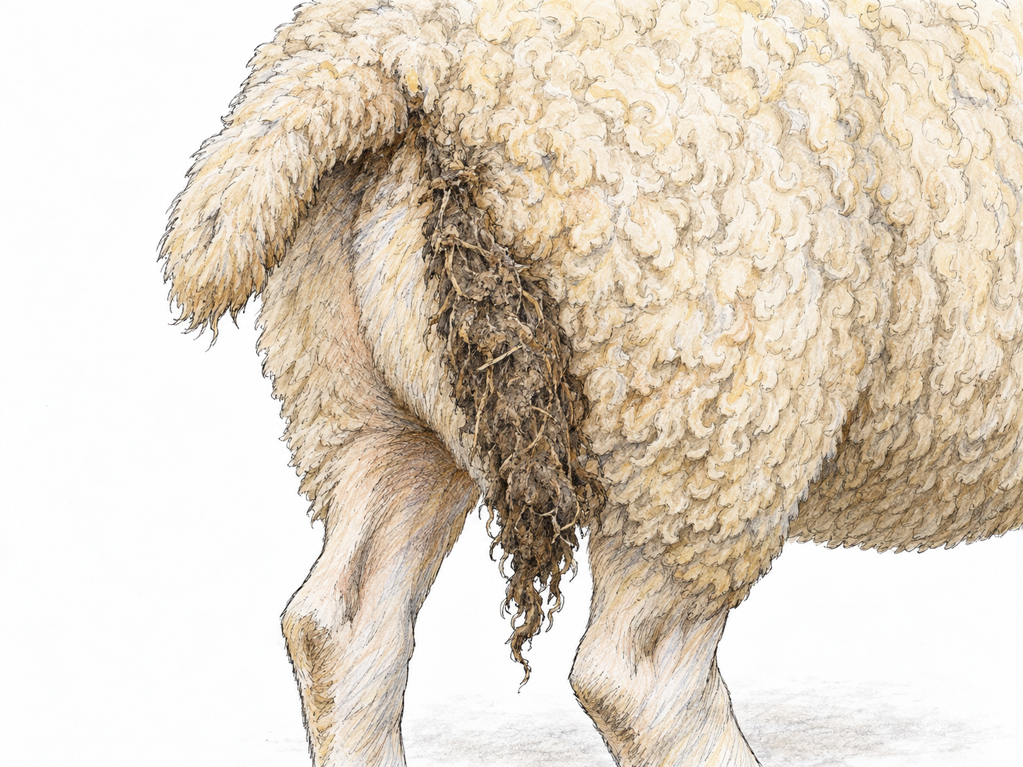 Close view of a sheep’s hindquarters, showing a distinct elongated lock of dirty, matted wool hanging from the otherwise softly curled fleece.