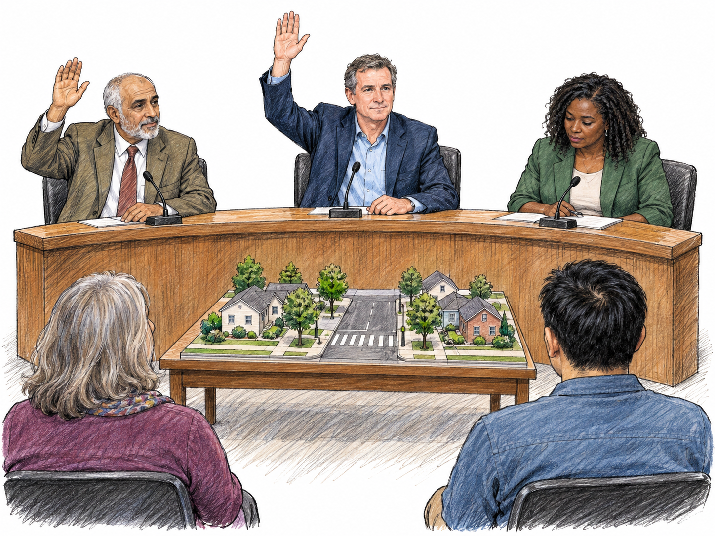 A focal alderman participates as one equal member of a small municipal council, voting on a neighborhood street-improvement proposal in a public council chamber.