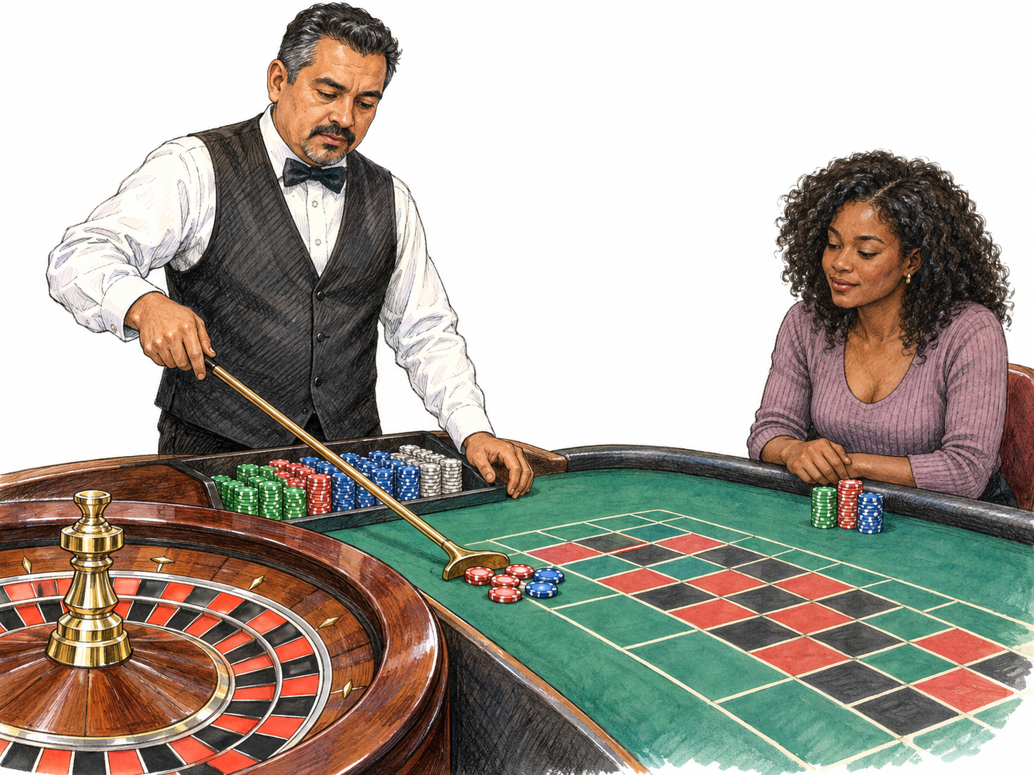 A uniformed casino croupier manages a roulette table, using a chip rake to collect chips from the betting layout while a player watches from the opposite side.