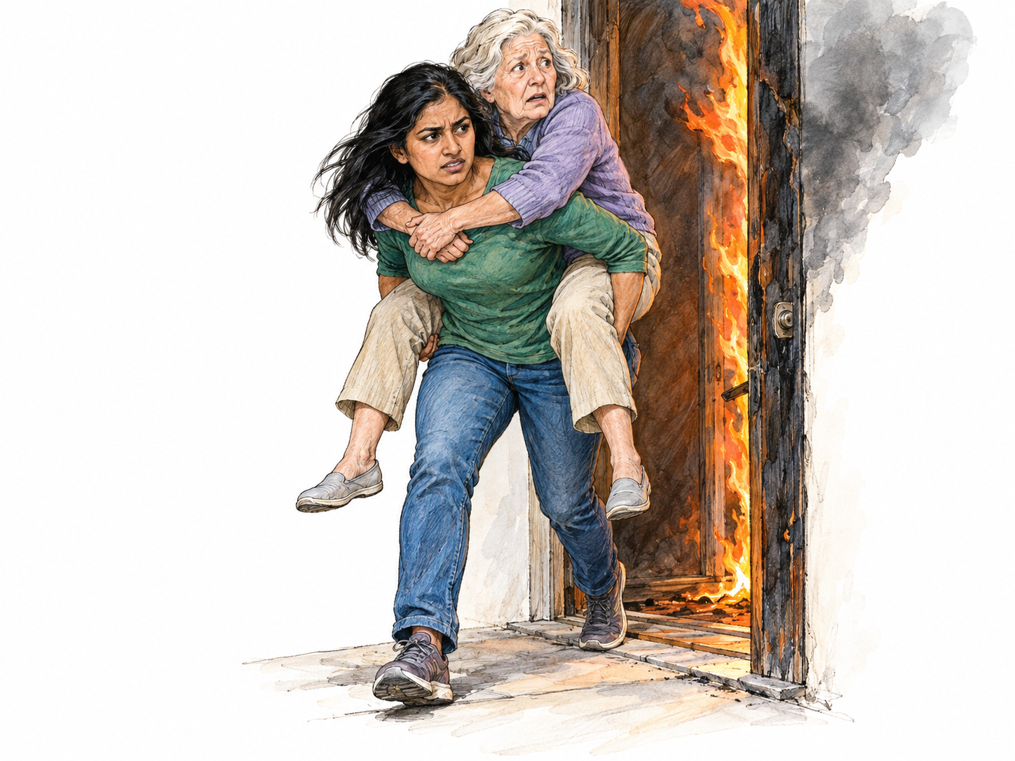 A young woman braves a burning doorway to carry an older woman to safety, shielding her passenger from the visible flames.