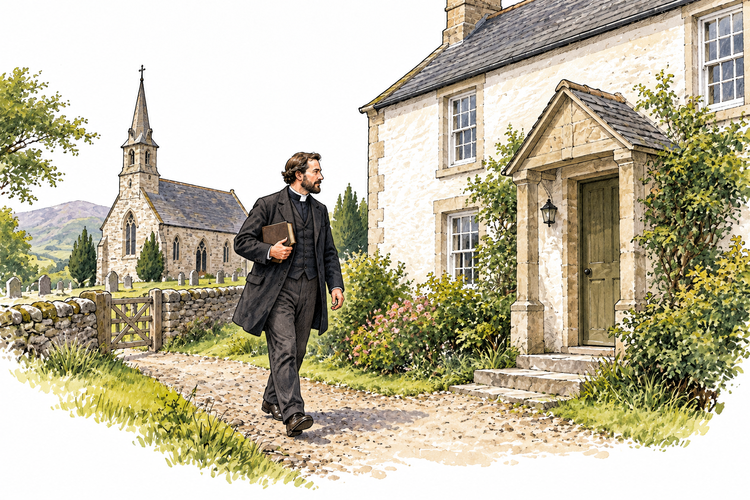 A modest Scottish minister's residence beside a small church, minister with clerical collar returning to the house carrying a plain book, no lettering.