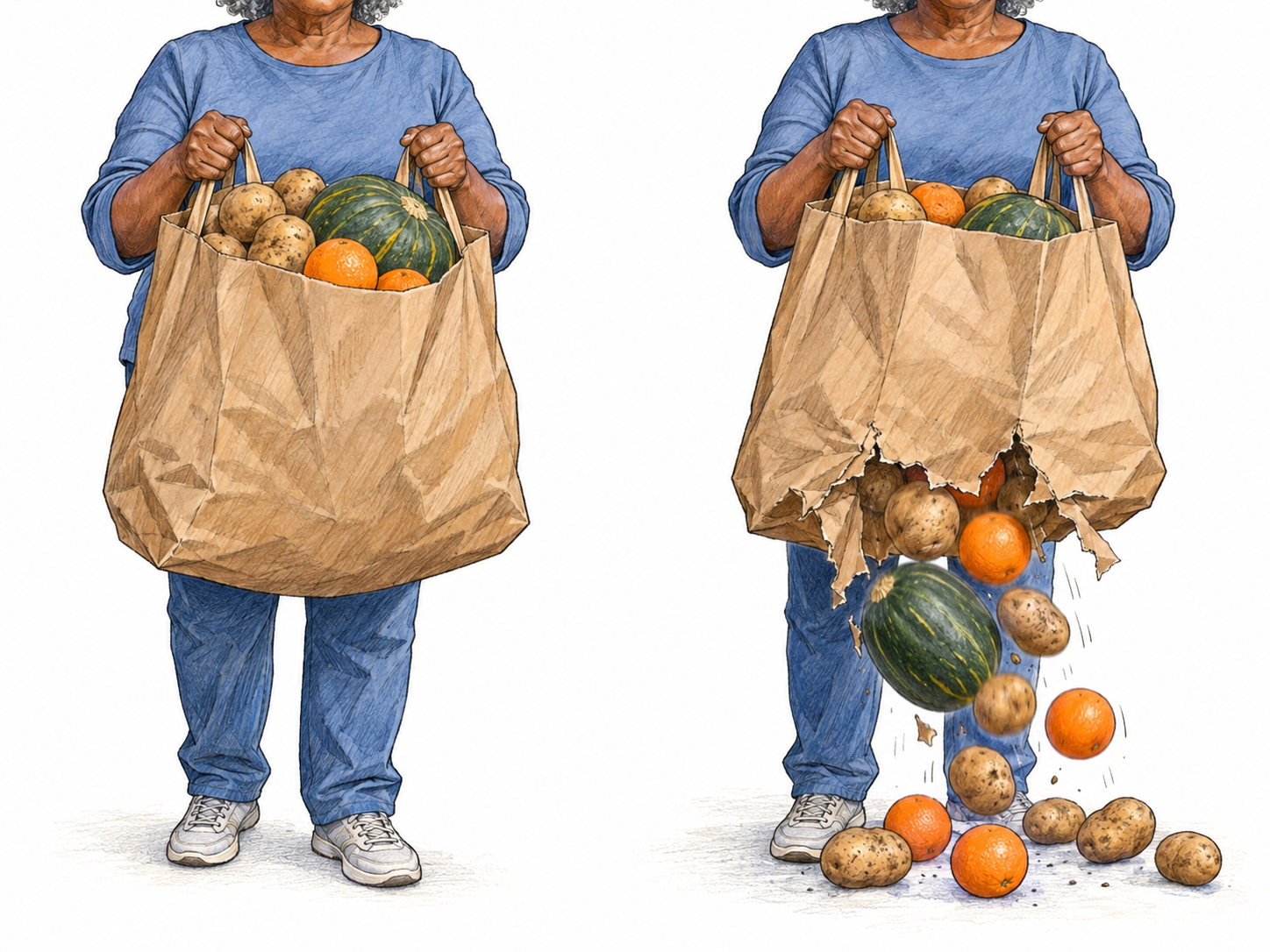 A compact two-panel cause-and-result sequence: a heavily overloaded paper grocery bag gives way, so its contents fall through the torn bottom.