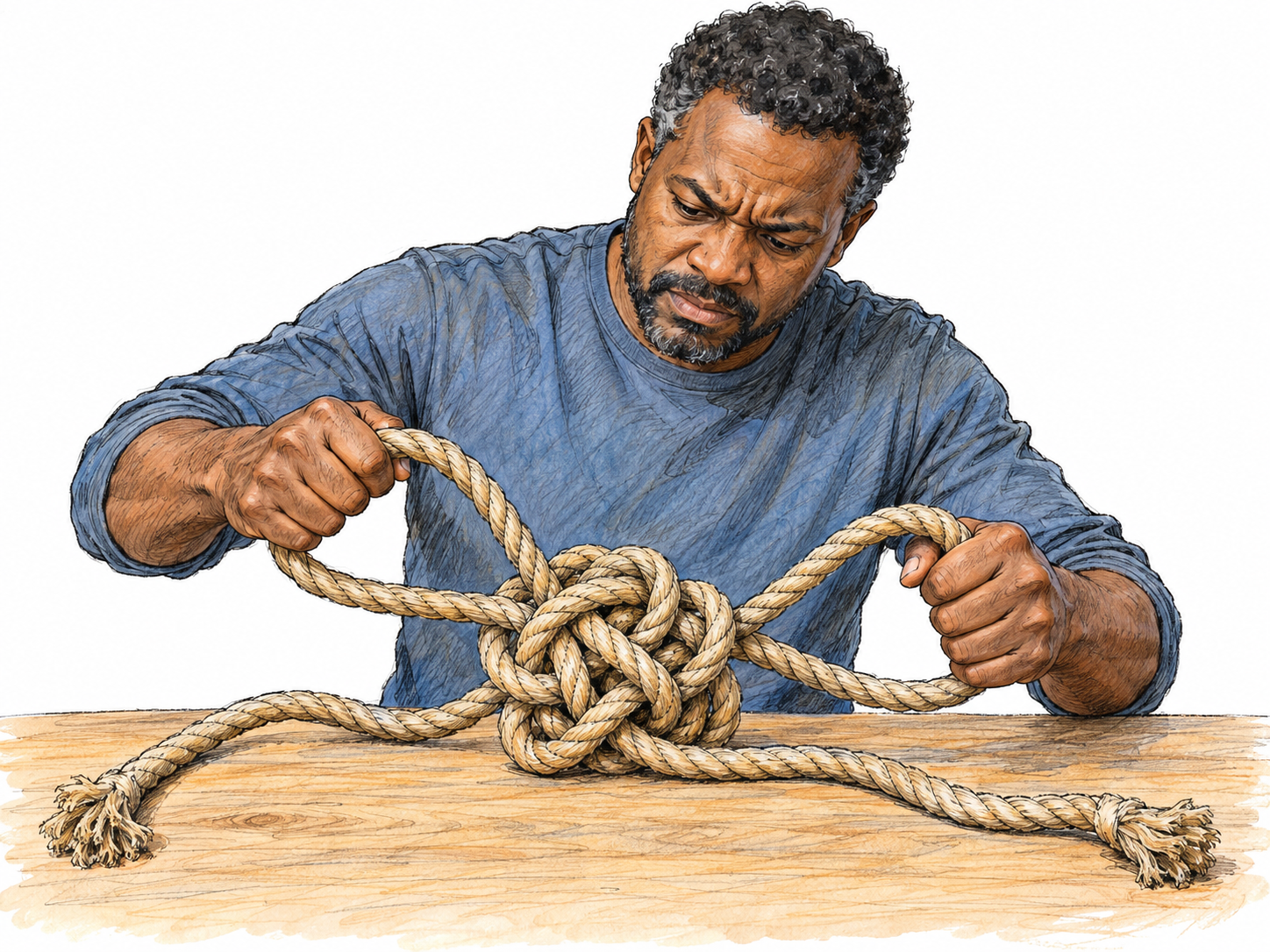 A middle-aged Black man struggles to loosen a dense, stubborn knot in a thick rope on a plain worktable; despite careful pulling at two loops, the knot remains tightly jammed.