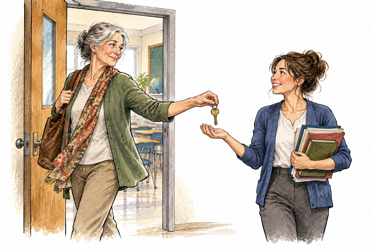 An outgoing older teacher hands a classroom key to her younger successor, departing teacher shown one step behind.