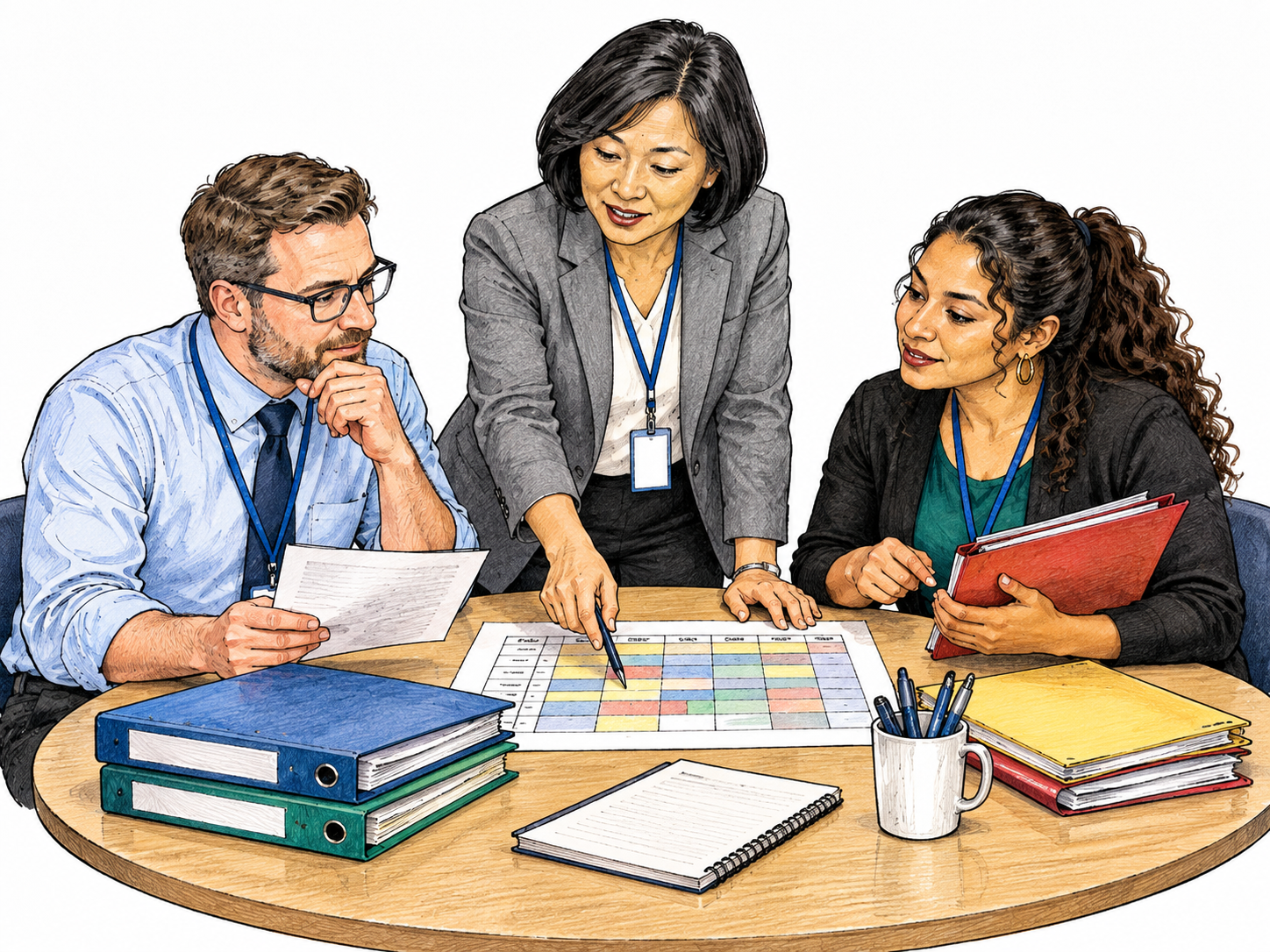 Three school administrators coordinate a timetable and folders around a small table; management rather than teaching.