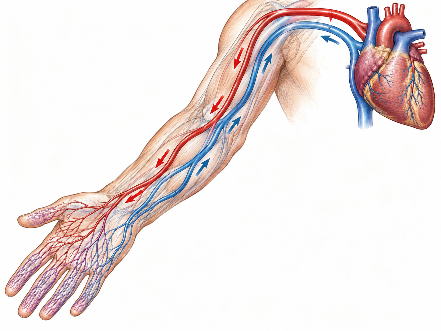 Blood travels outward through an arm artery and returns through veins.