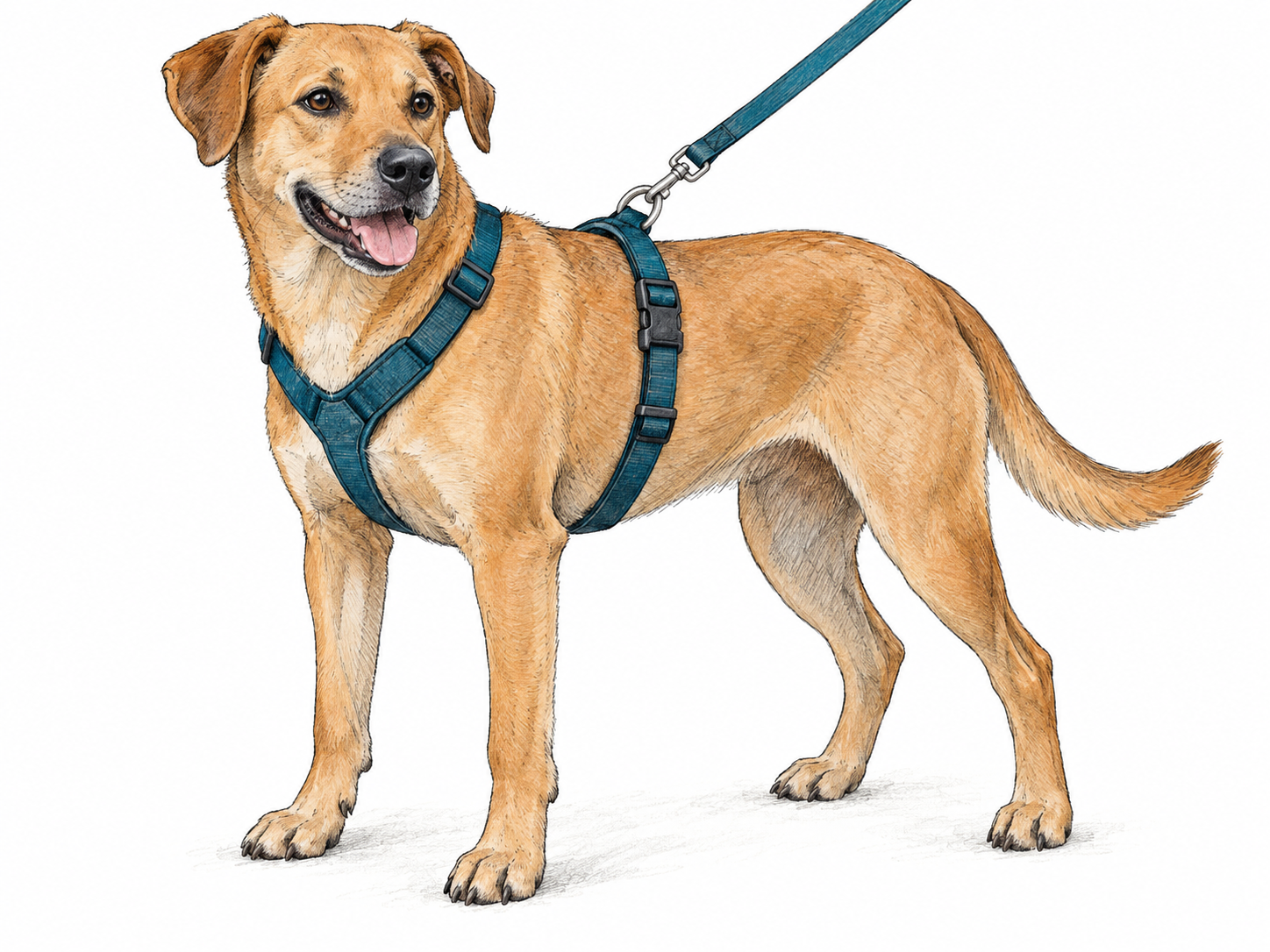 A medium-sized dog in three-quarter side view wearing a clearly visible, properly fitted walking harness, with a leash clipped to its dorsal ring.