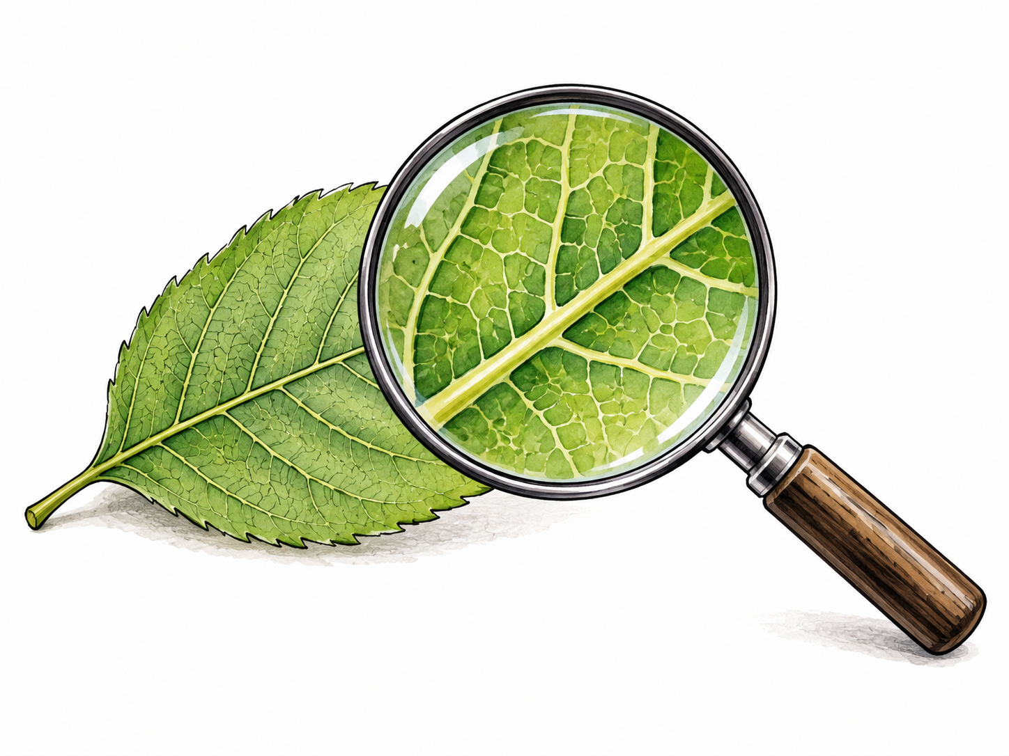 Magnifying glass enlarges a tiny leaf vein section beneath its lens, clearly larger inside lens than outside.