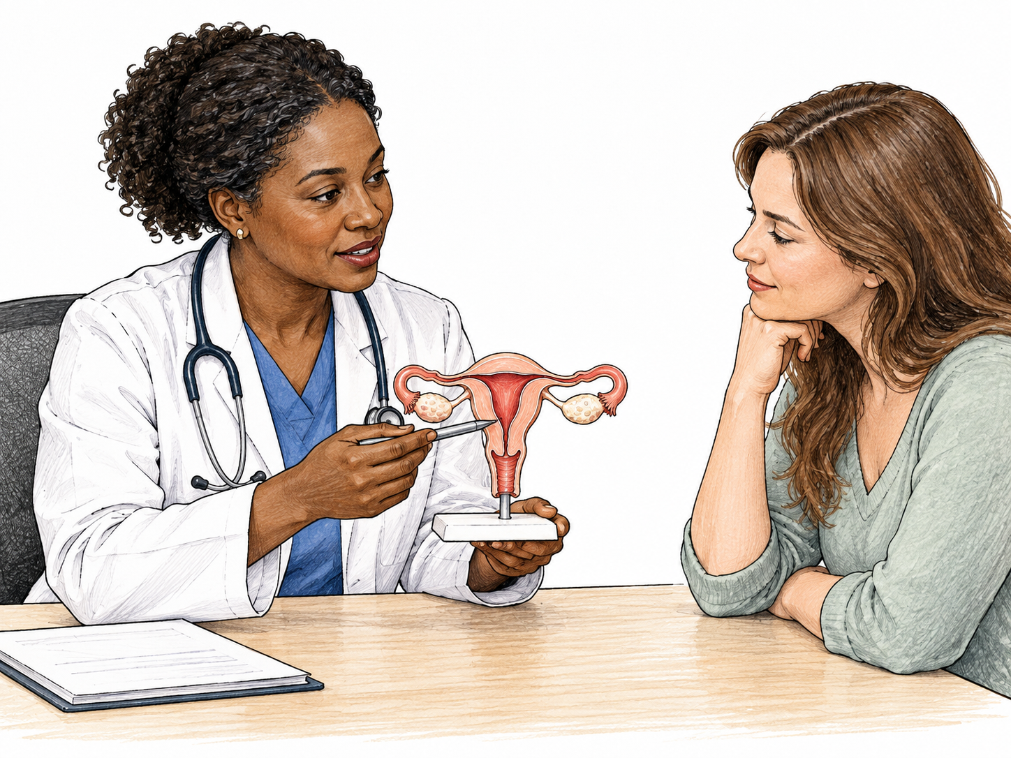 A gynecologist explains a small accurate uterus-and-ovaries anatomical model to an adult patient at desk, no invasive exam, no labels.