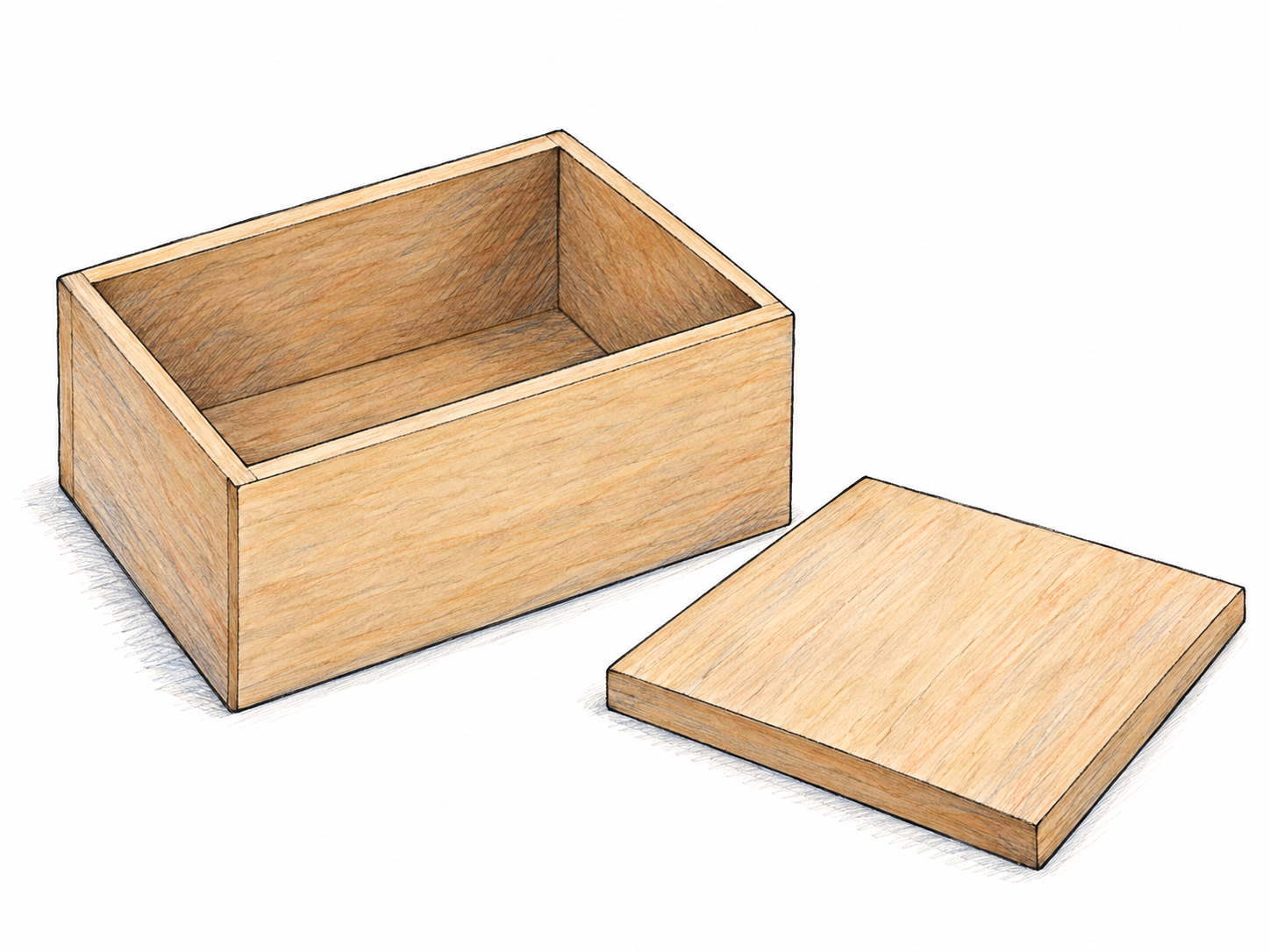 A plain open wooden box in three-quarter view, with straight rigid walls, flat sides, and a visible empty interior; its flat lid rests beside it.