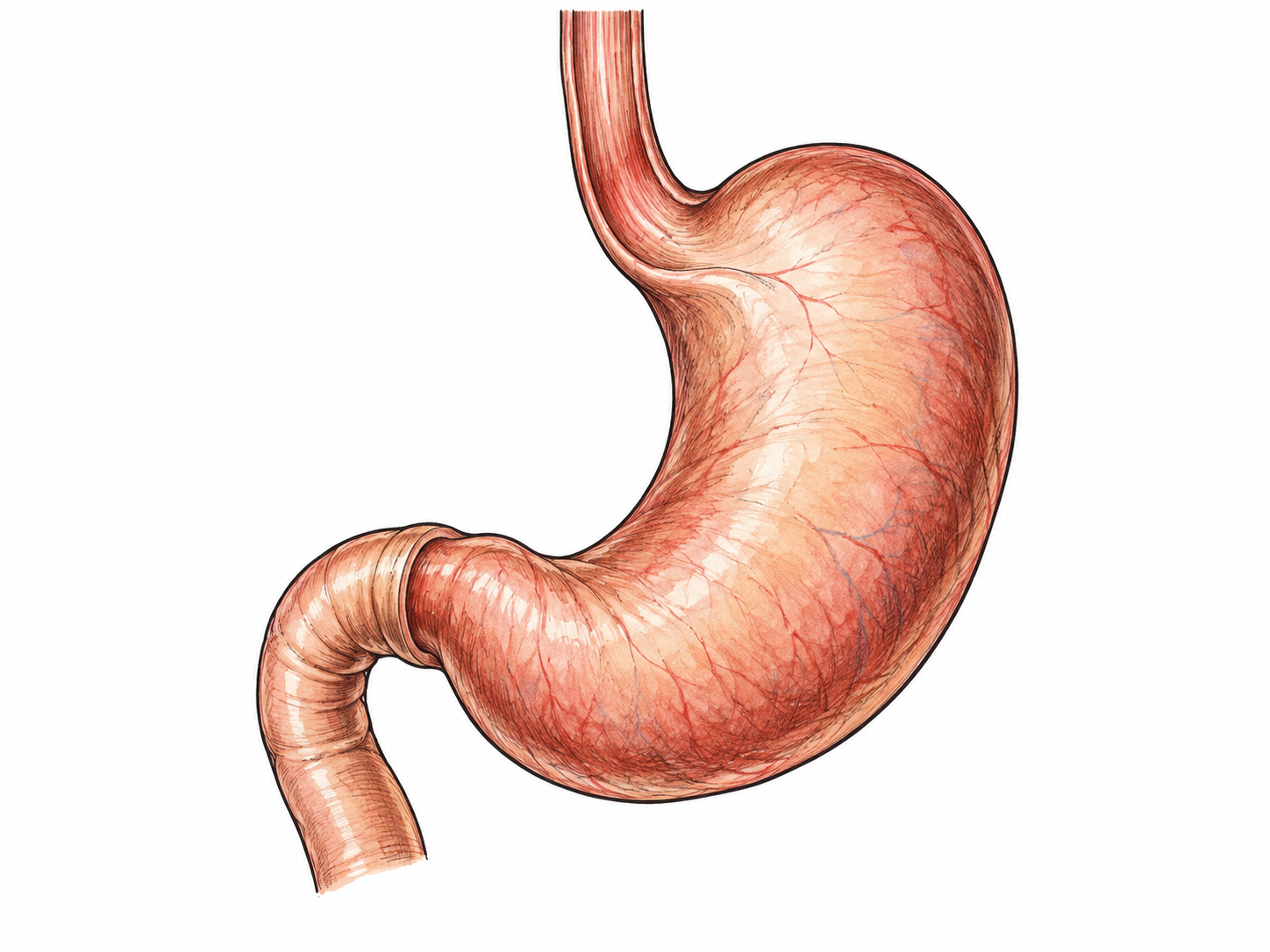 One isolated anatomically plausible human stomach with esophagus entering upper side and short duodenum leaving below, smooth J-shaped digestive pouch, no labels or food text.