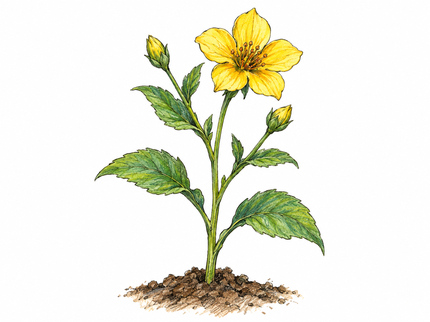 A single healthy flowering plant growing from a small patch of soil, with a clearly visible stem, green leaves, buds, and one open flower.
