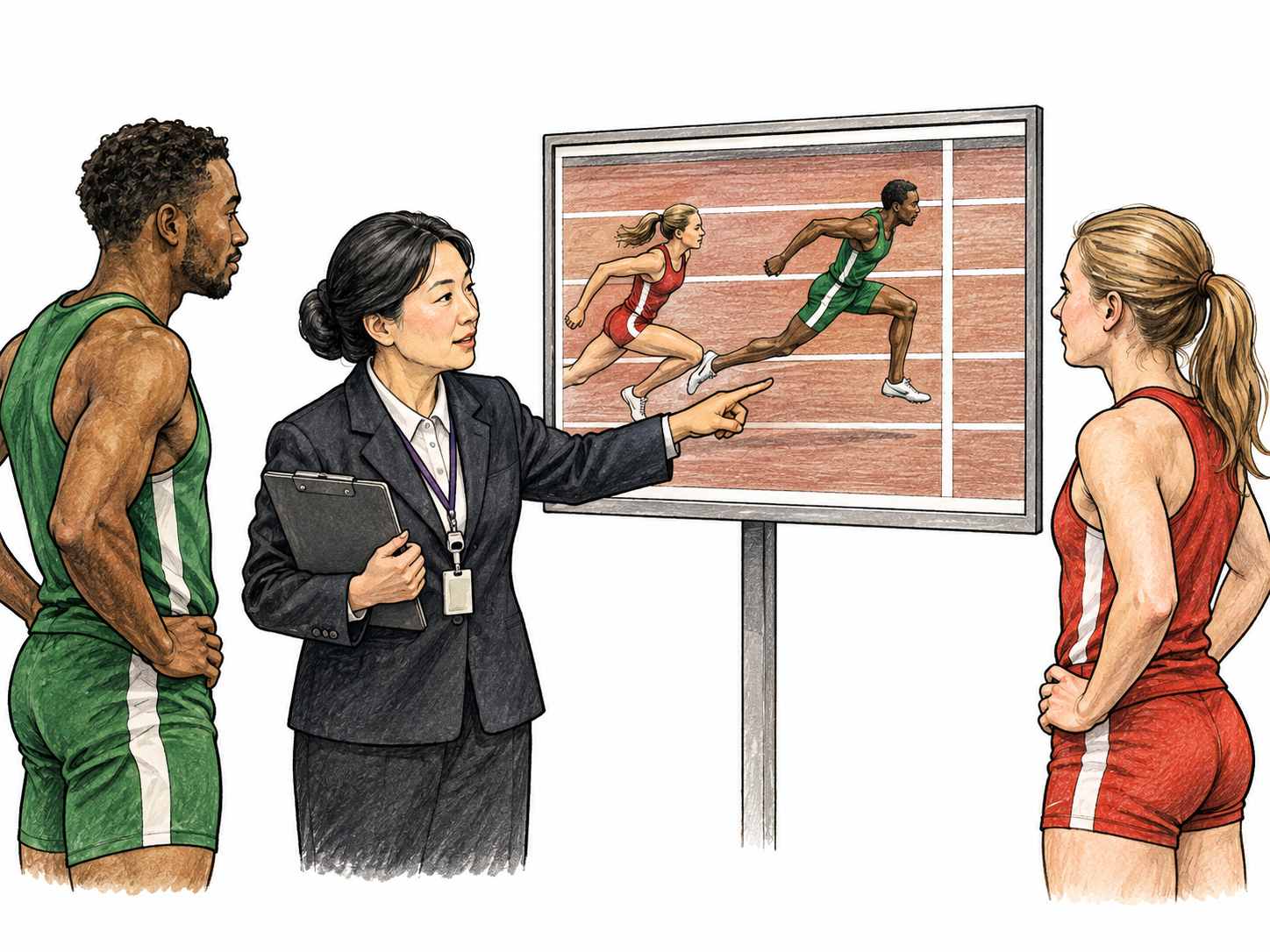 An official race photo-finish judge points to a clear close-view illustration showing one runner decisively ahead at the finish line, settling a dispute between two calm athletes.