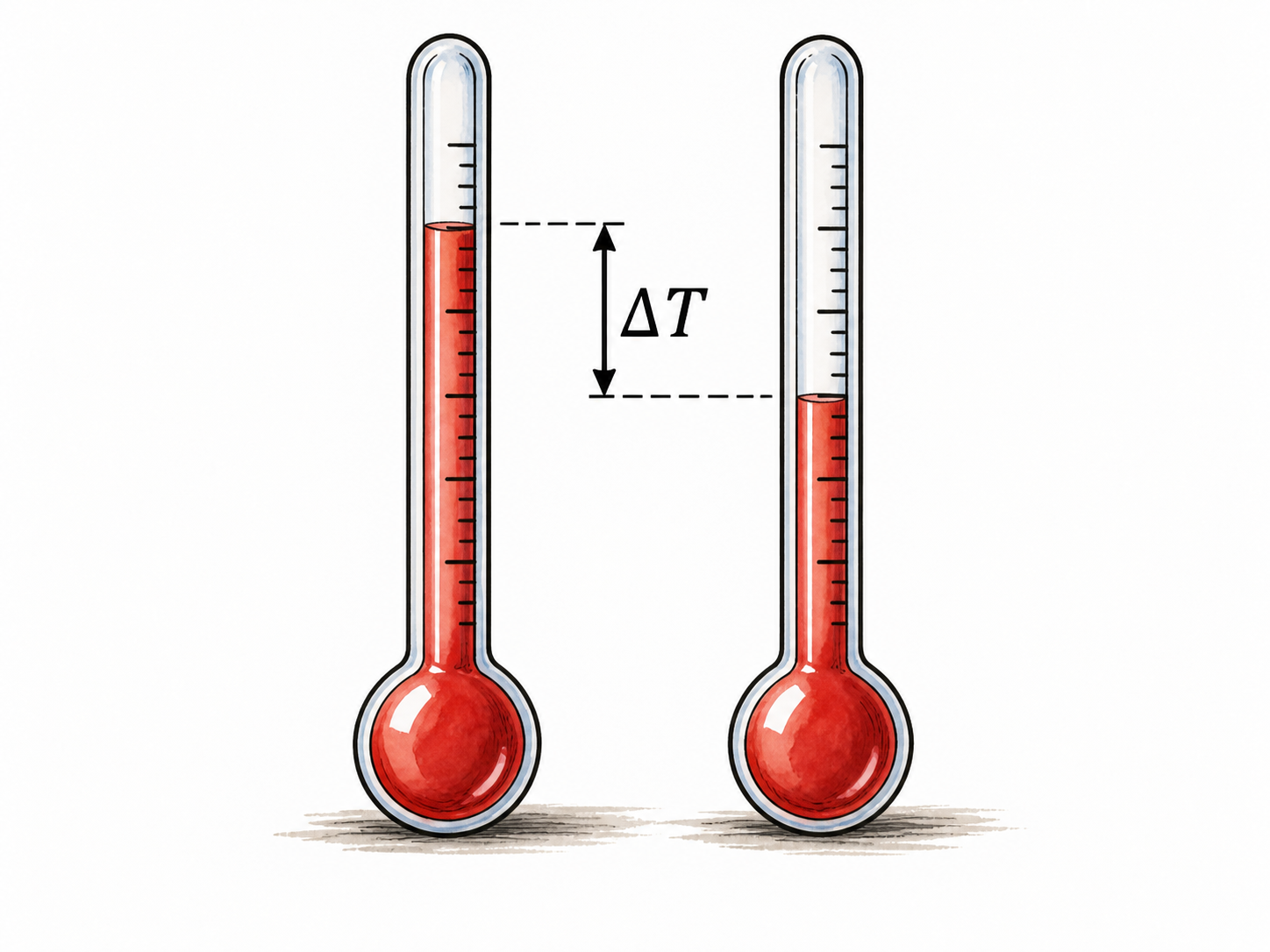 Two simple thermometers at different fluid heights with a short bracket between levels labelled only 'ΔT', functional difference comparison.