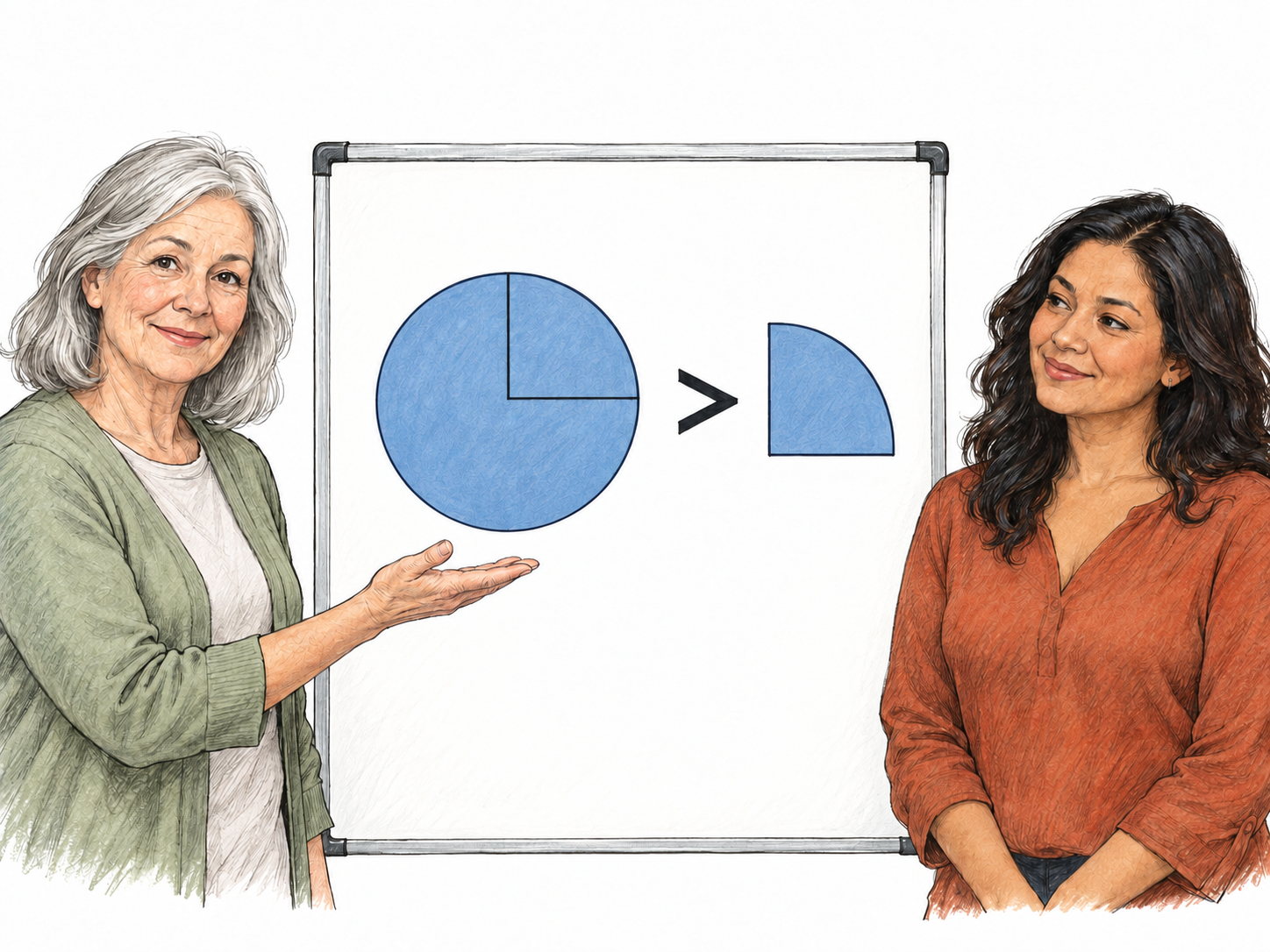 Represent a familiar axiom—the whole is greater than its proper part—as a compact geometric statement that two adults recognize immediately, rather than as an experiment or a worked proof.