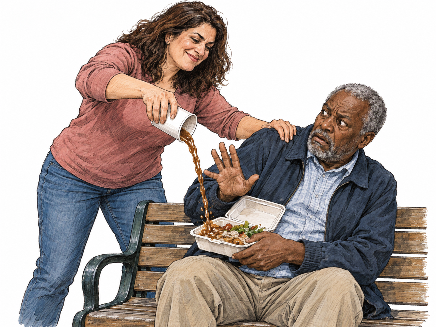 A cruel harasser corners an older man on a bench, grips his shoulder, and deliberately pours a drink into his open lunch container while he recoils and tries to shield it.