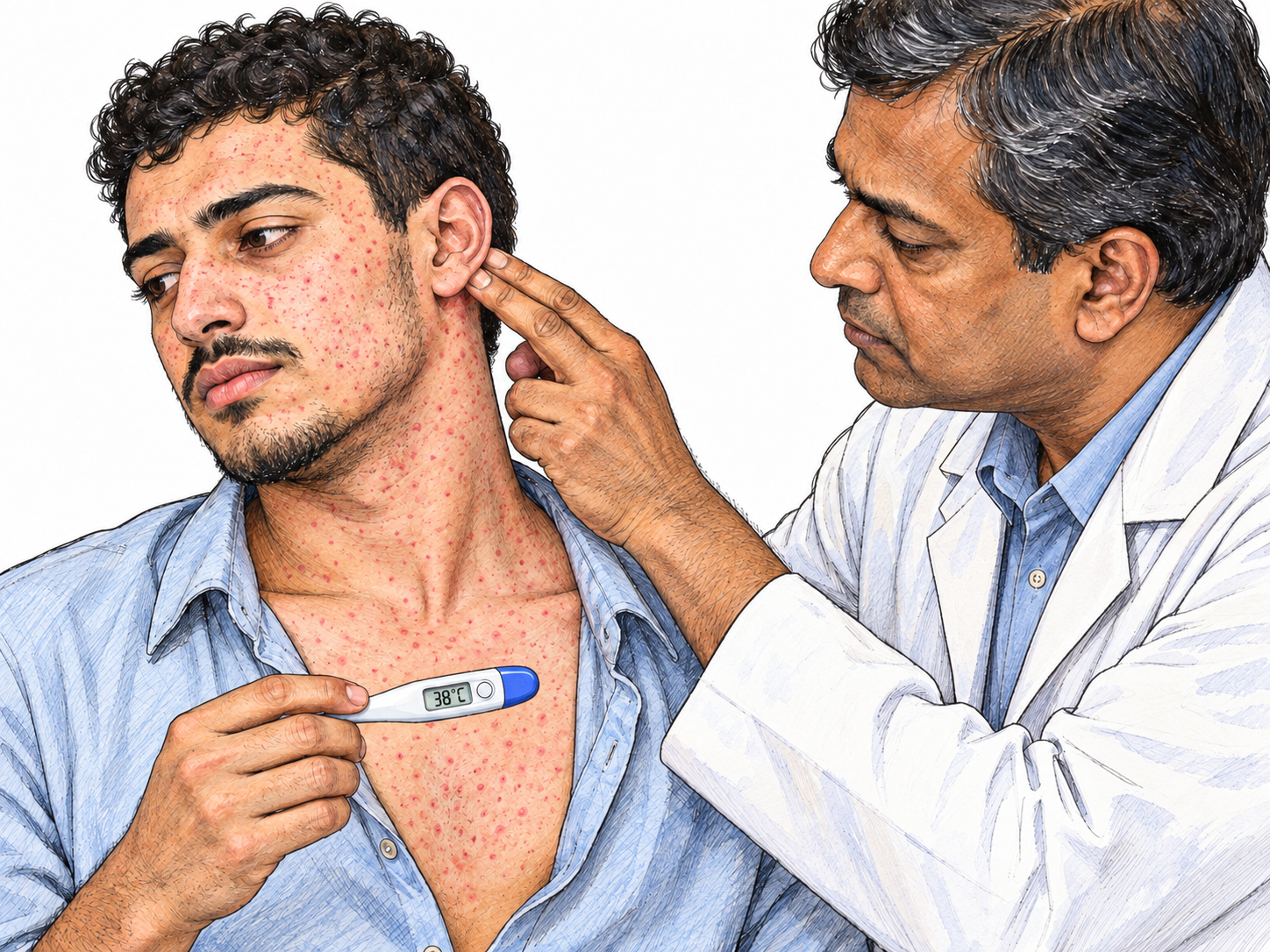 A clinical examination of a mildly feverish young man with a fine pink-red rash and subtle swelling behind the ear, combining recognizable rubella-associated signs without claiming that the drawing establishes an exclusive diagnosis.