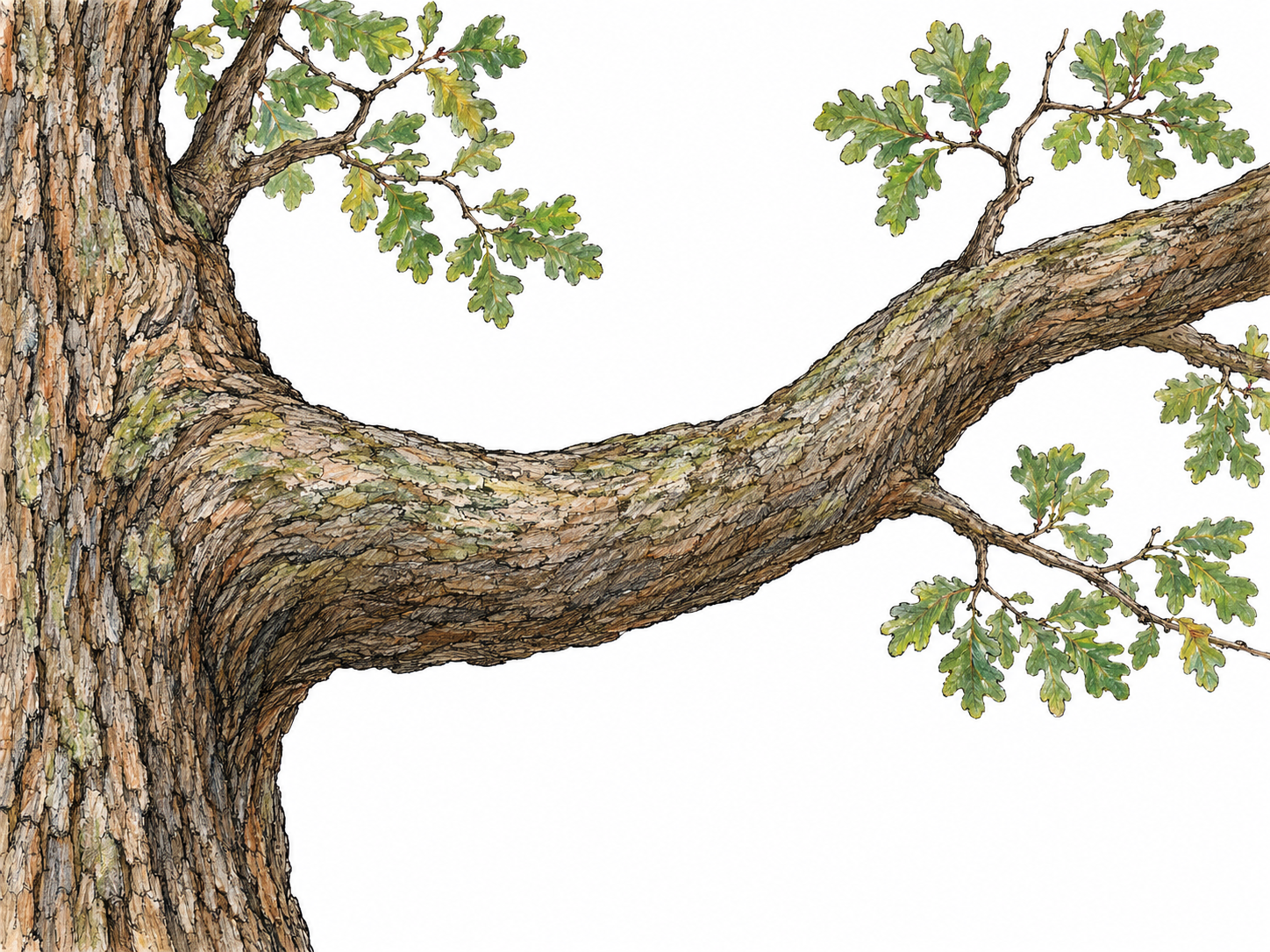 A substantial living tree limb extends sideways from a thick trunk, its heavy woody structure contrasting clearly with the small leafy twigs branching from it.