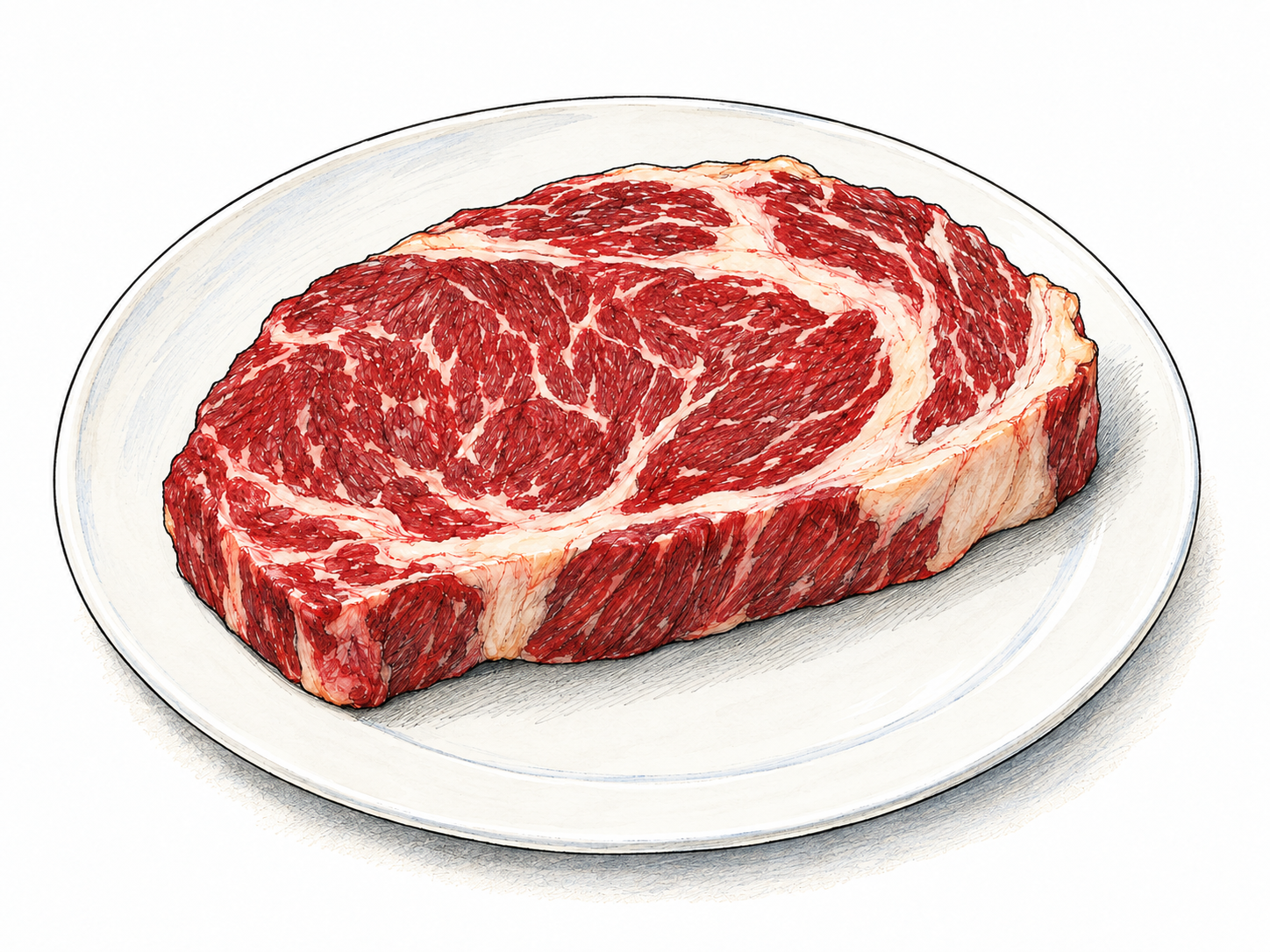 A fresh, uncooked beef steak on a plain white plate, with deep red flesh, pale fat marbling, and no browned crust or grill marks.