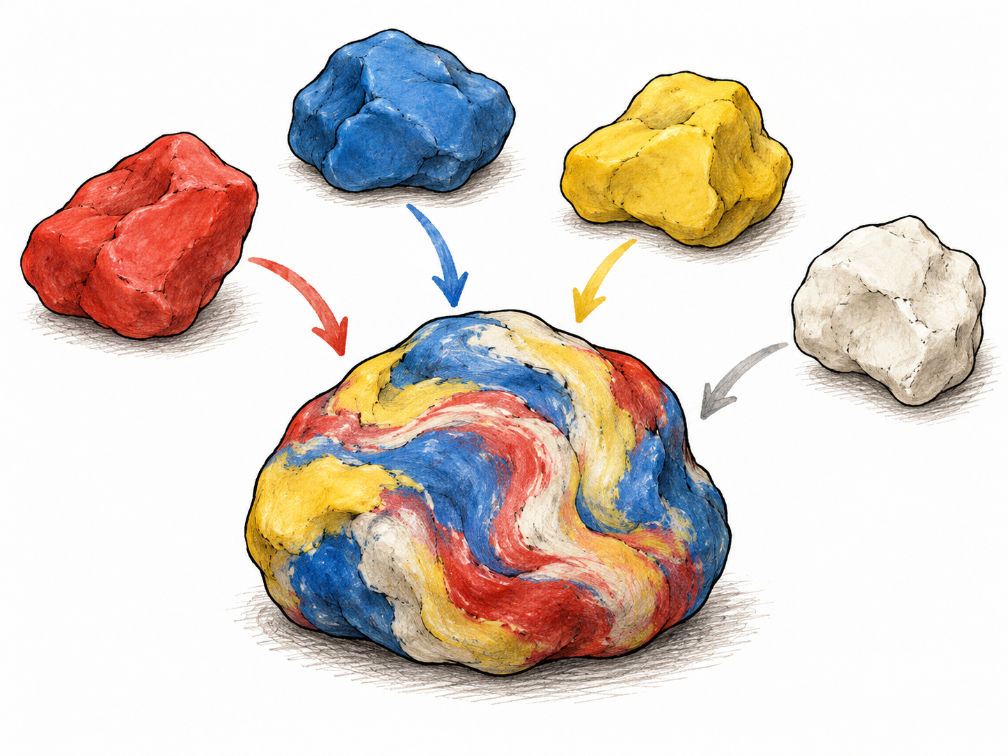 Several distinct colored clay pieces kneaded into one marbled lump, different elements blended but traceable.