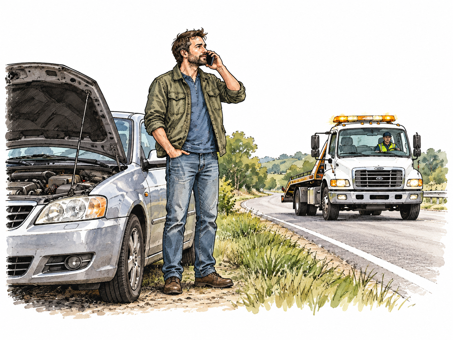 Stranded motorist calls roadside assistance beside disabled car.