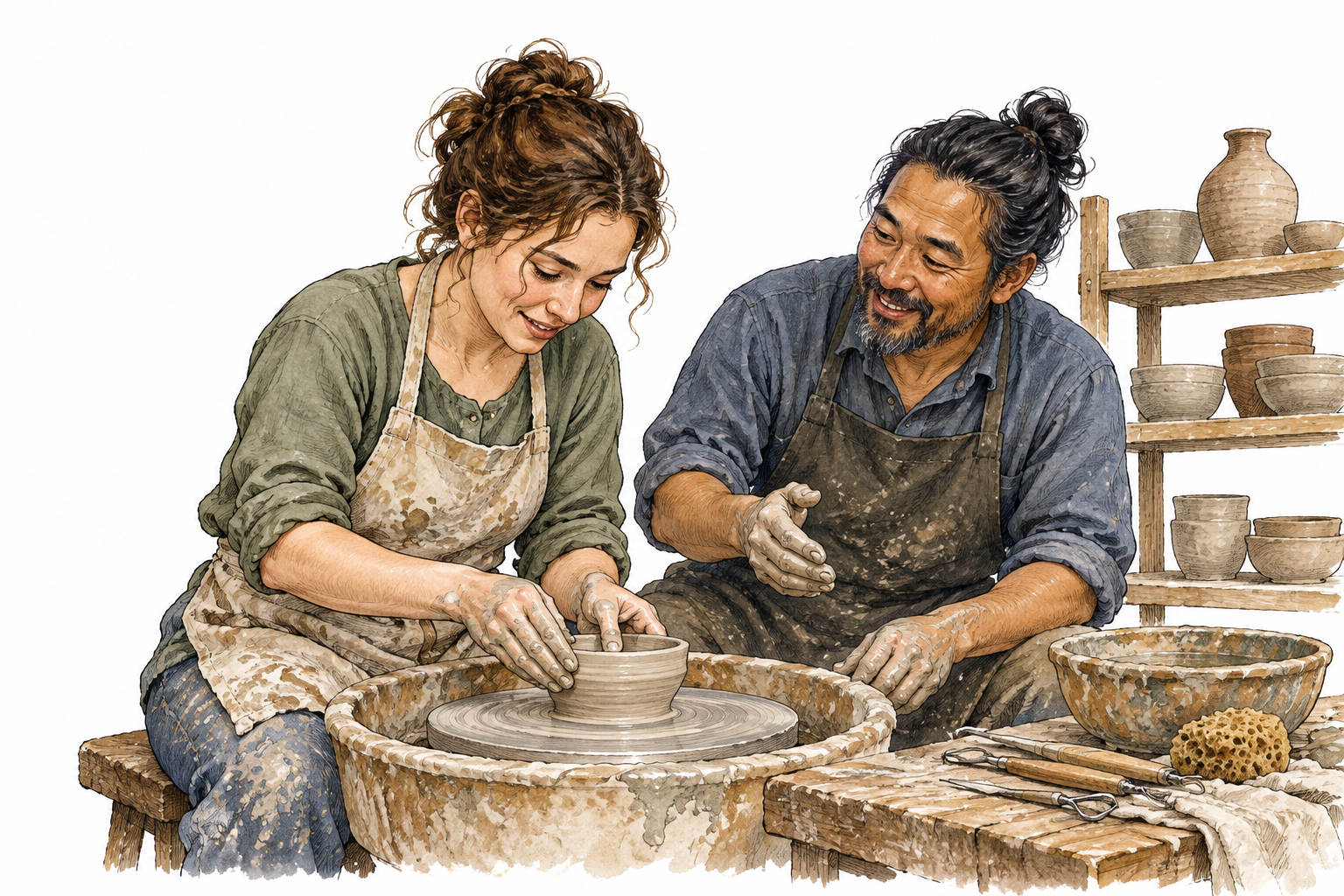 A novice adult tries pottery for the first time, tentative hands shaping a small bowl under a welcoming instructor.