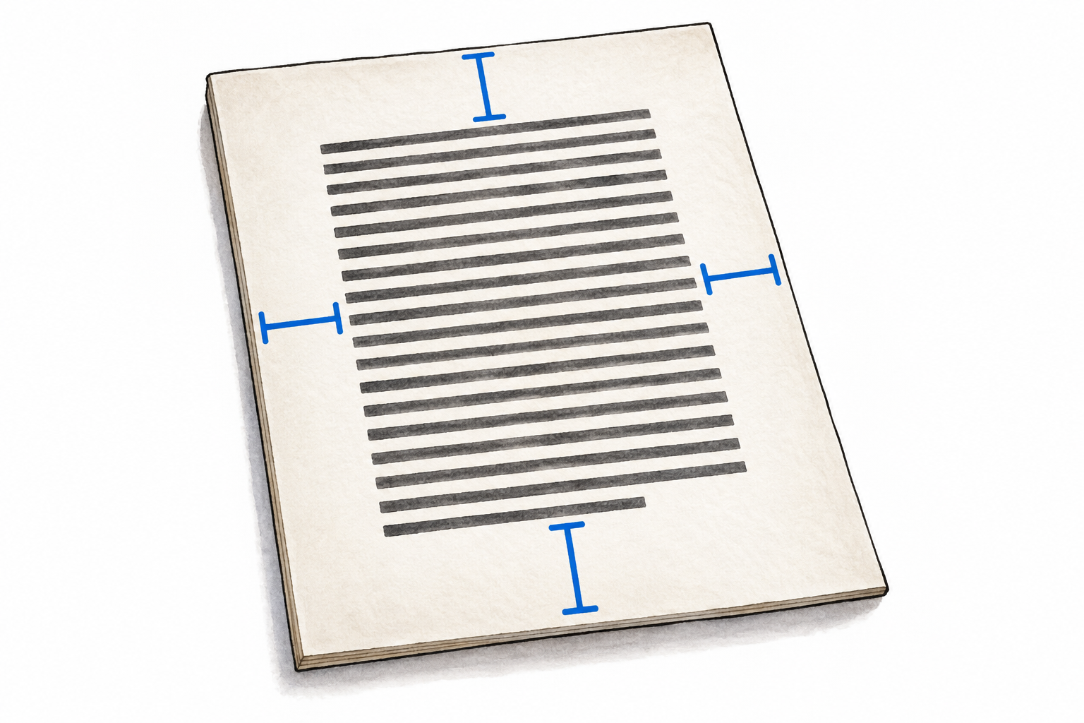 A printed page with neat dark text-like lines and generous blank outer margins, blue bracket highlights only the blank edge.