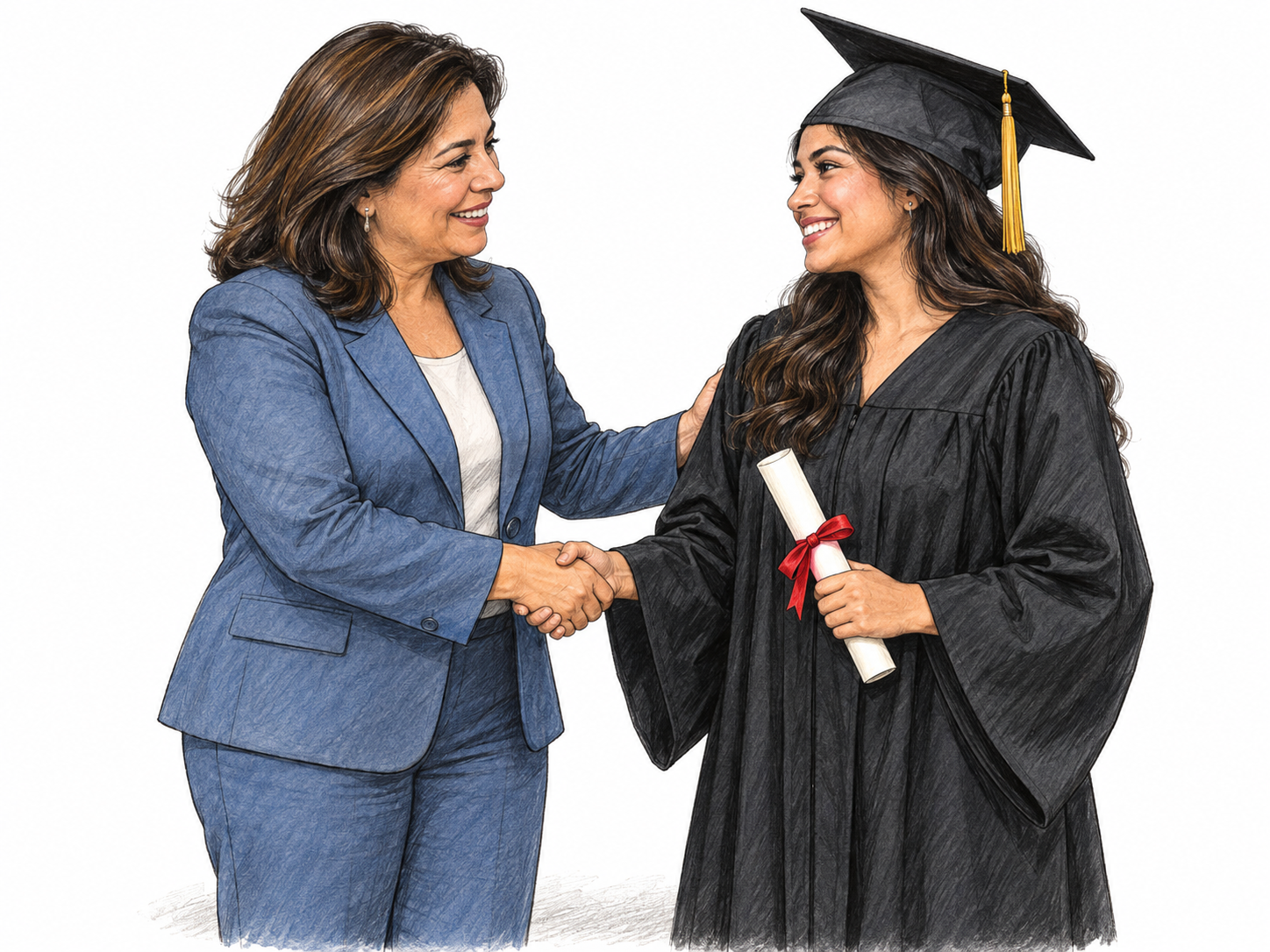 At a graduation ceremony, a smiling presenter warmly shakes a graduate’s hand, placing her free hand on the graduate’s upper arm.