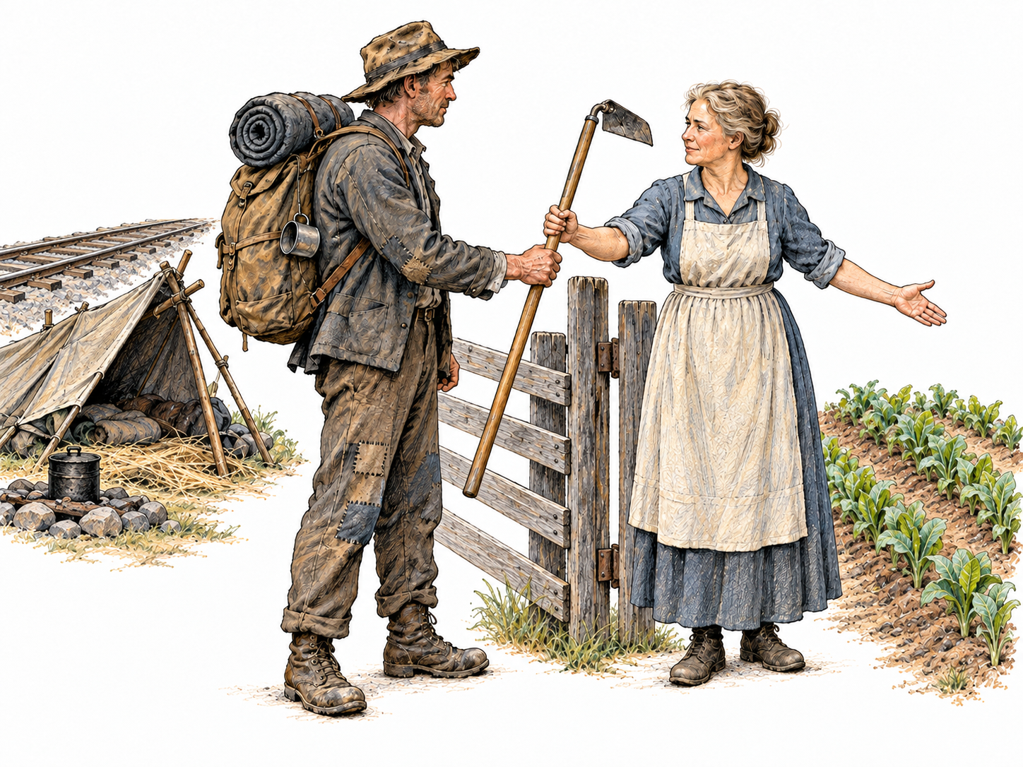 A railway-side wanderer carrying his bedding and few possessions accepts a hoe from a farmer at her field gate.