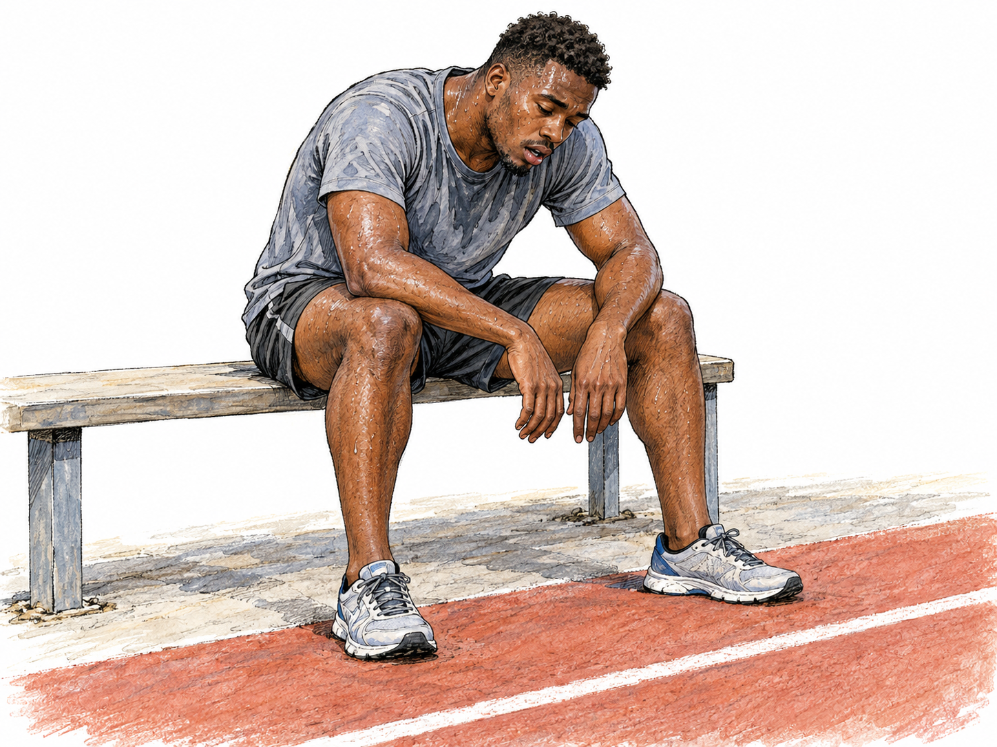 An exhausted runner sits heavily on a low trackside bench, folded forward with limp arms, drooping shoulders, sweat-damp clothing, and a visibly spent expression.