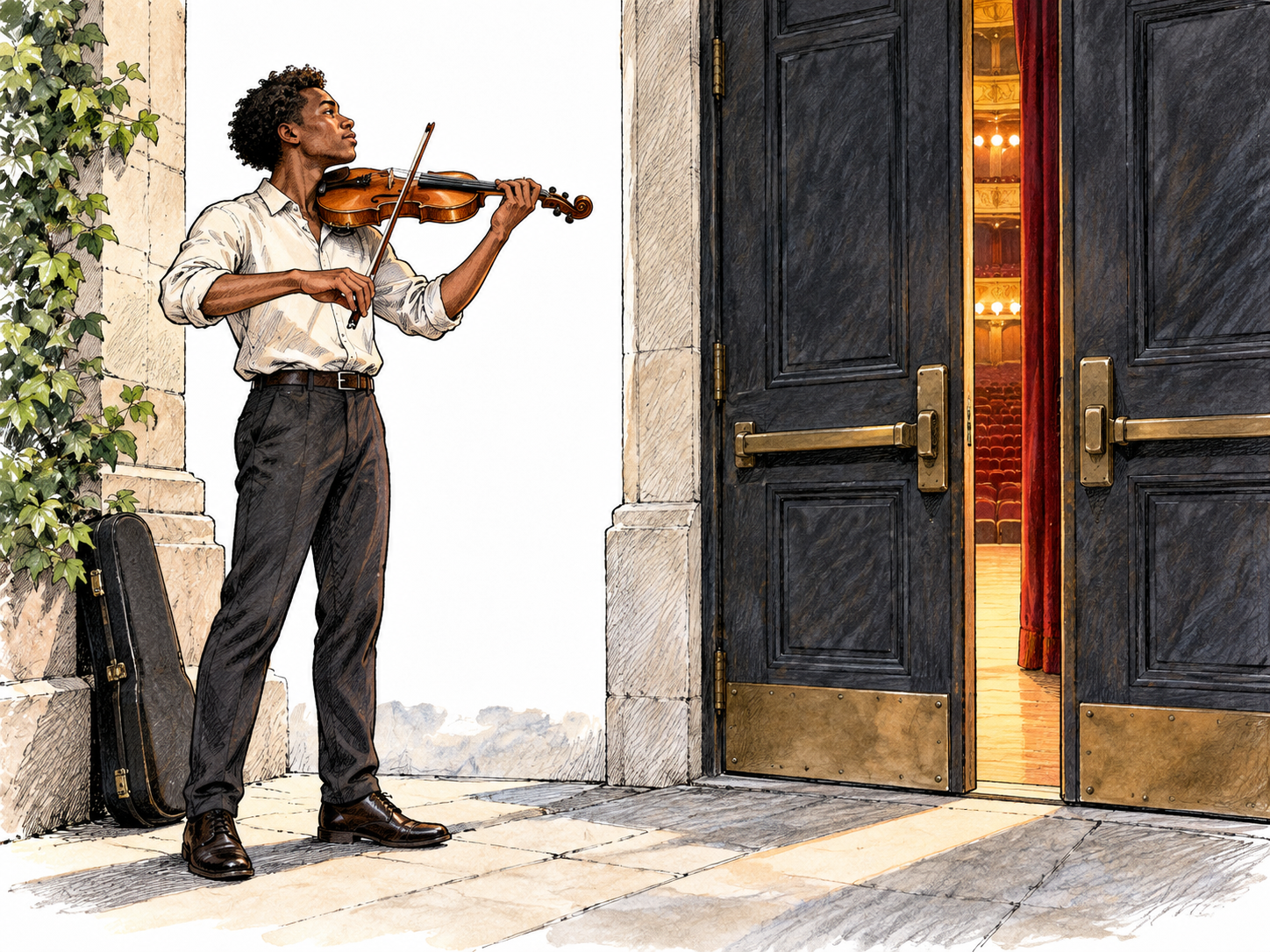 A young adult Black aspiring musician practices a violin diligently beside a closed concert-hall stage door, looking toward the stage with ambition.