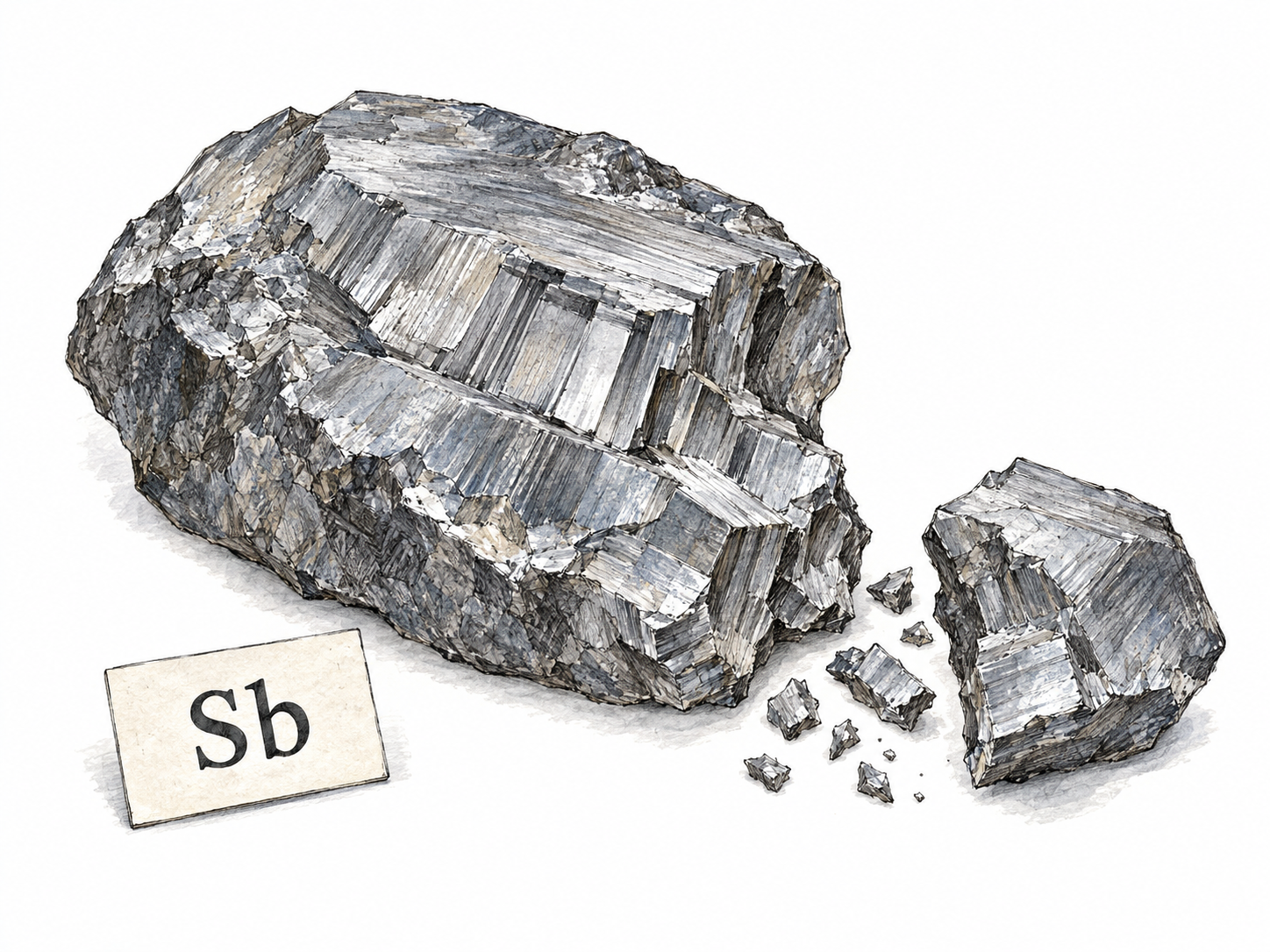 A silvery antimony specimen with sharp, freshly fractured faces and small brittle chips beside it.