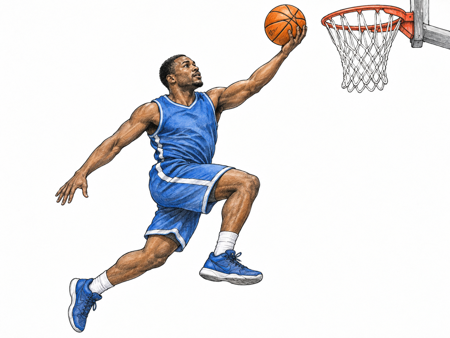 Athletic man performs controlled basketball layup leap, ball in raised hand approaching simple hoop, strong coordinated limbs and active posture, white background no court crowd.