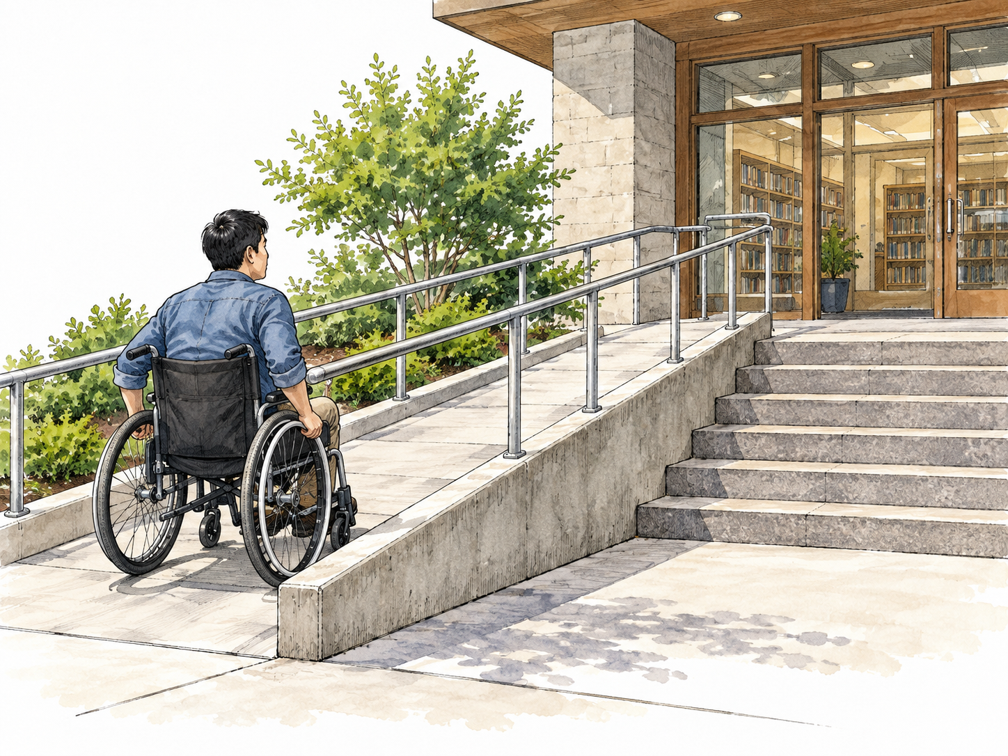 Wheelchair ramp offsets stairs at public library entrance; East Asian wheelchair user approaches.