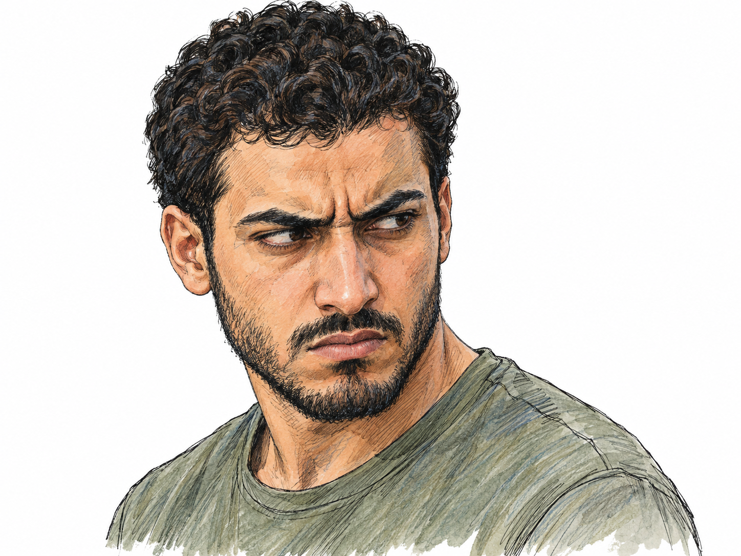 A close three-quarter portrait of a young man louring: brows drawn low, narrowed eyes glaring sideways, and a tight, downturned mouth make his sullen, threatening expression immediately visible.
