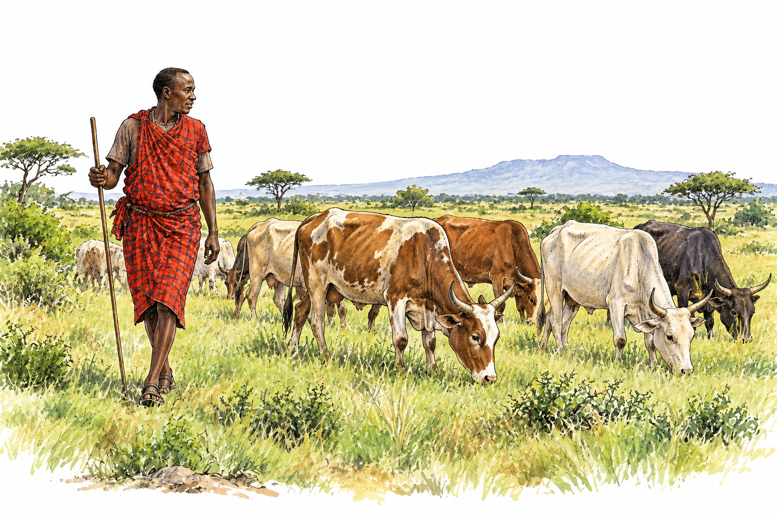 Modern East African cattle herdsman in practical everyday clothing guides grazing cattle across pasture, respectful realistic scene.