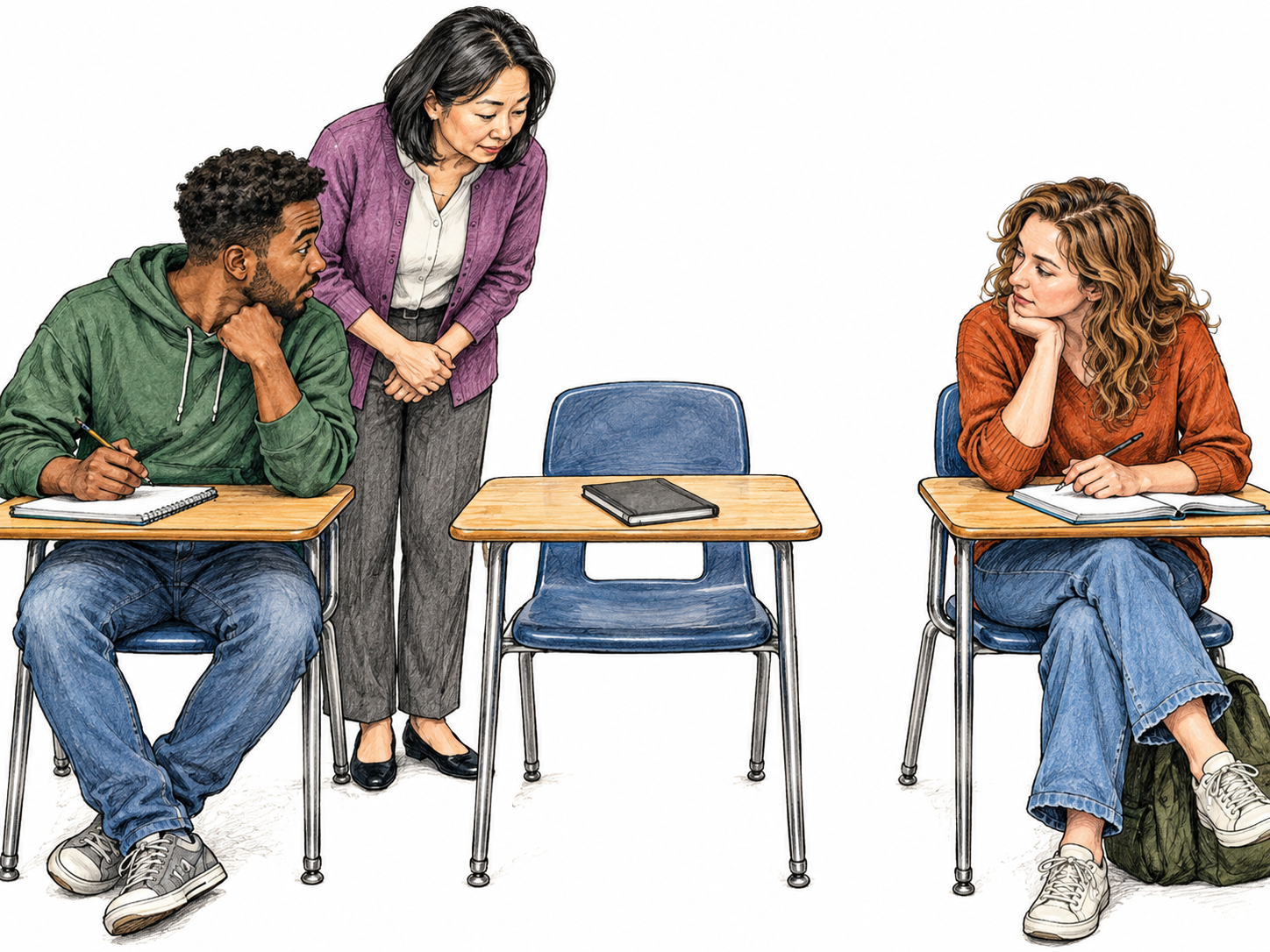A small class has one conspicuously empty seat with a closed plain notebook while the teacher and two students look toward it; simple three-chair grouping, no board text.